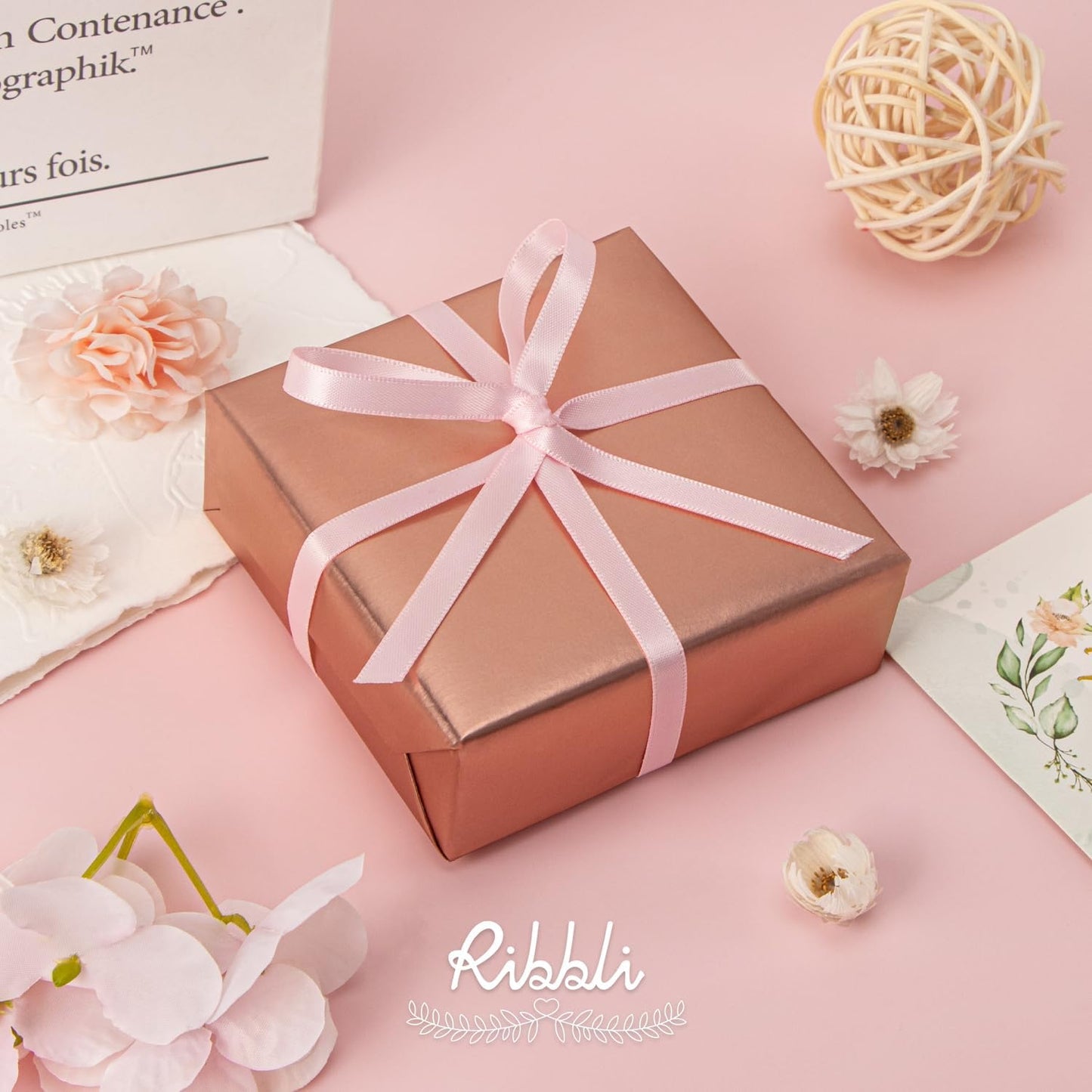 Ribbli Light Pink Satin Ribbon,Double Faced Satin 1/4 inch x Continuous 50 Yards,Silver Ribbon Use for Bows Bouquet,Gift Wrapping,Wedding Decoration,Floral Arrangement