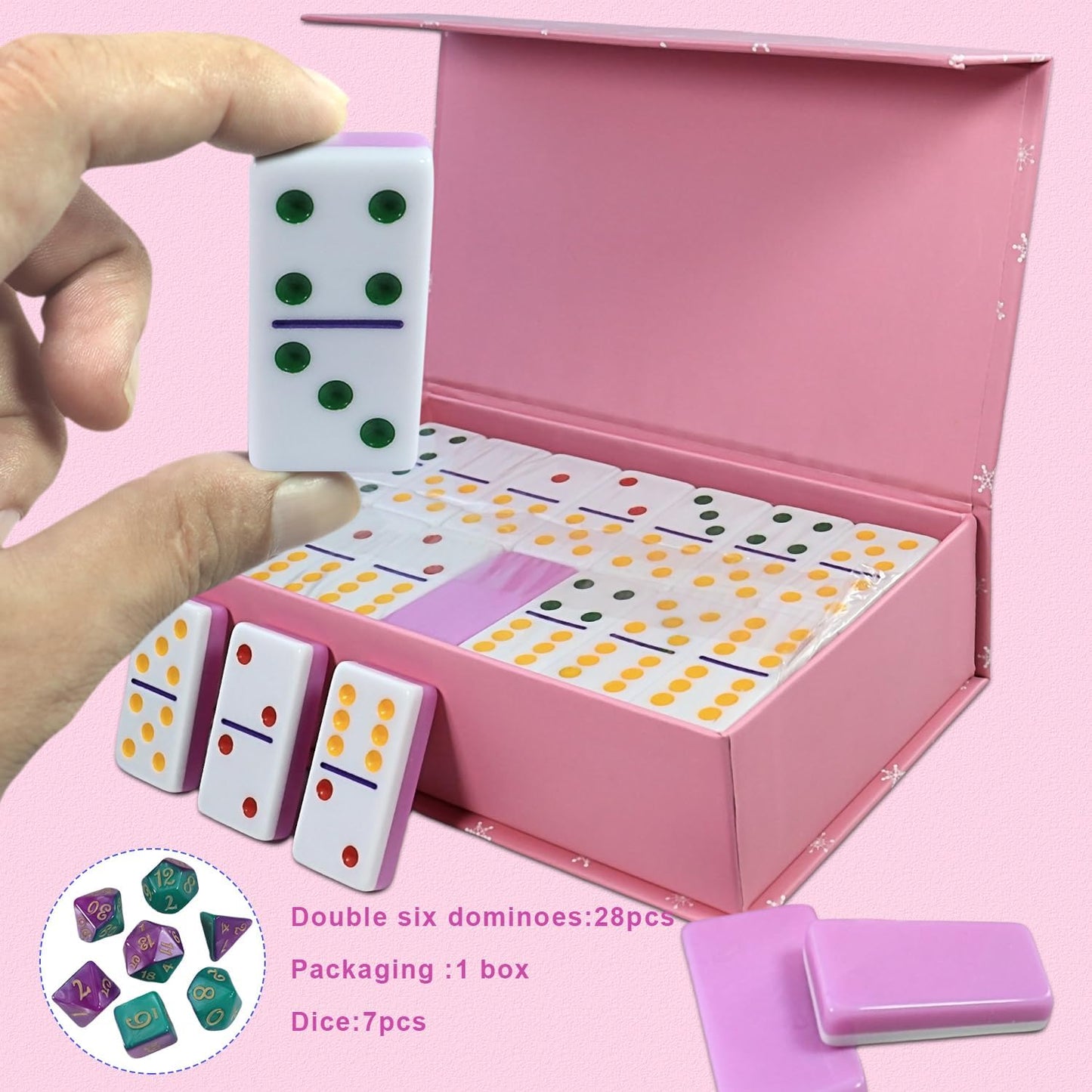 IDTQ Dominoes Set for Adults, Double 6 Dominos Game Set with 28 Domino Tiles Double with Upscale Gift Boxes -7 Polyhedral Dice -Classic Board Games (Pink)