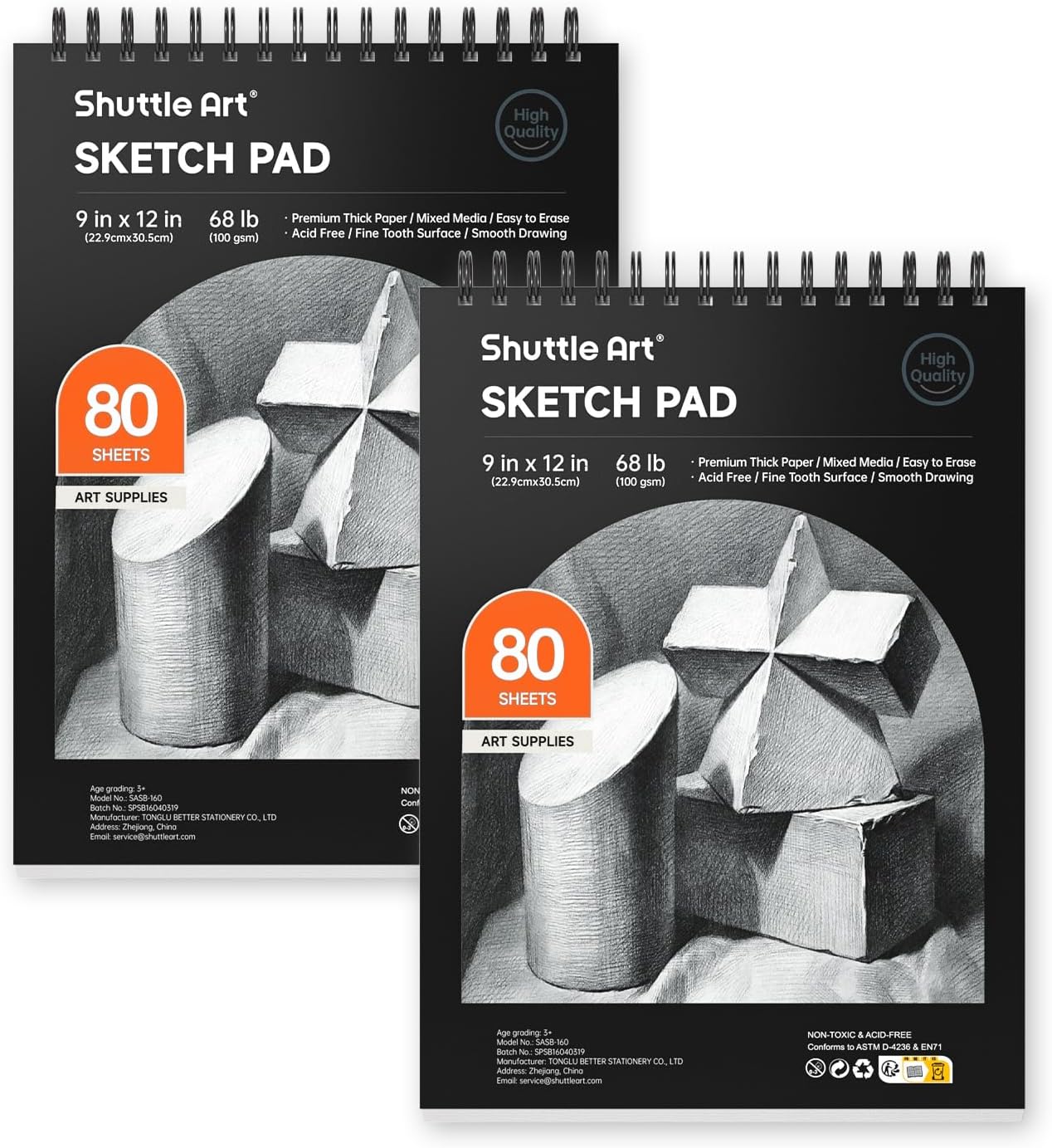 Artists Sketch Books, 9 x 12 Shuttle Art 160 Sheets of Sketch Paper pad Ideal for Drawing and School Supplies (2 Pack)
