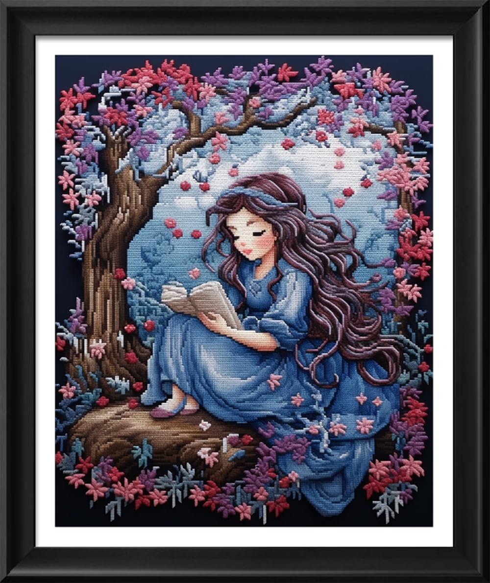 Leczany Cross Stitch Stamped Kit for Adults or Kids - A Little Girl Reading | DIY Embroidery Starter Patterns Craft Kit Needlepoint for Beginner | 11CT, 3 Strands | 13.4x16.5 inches