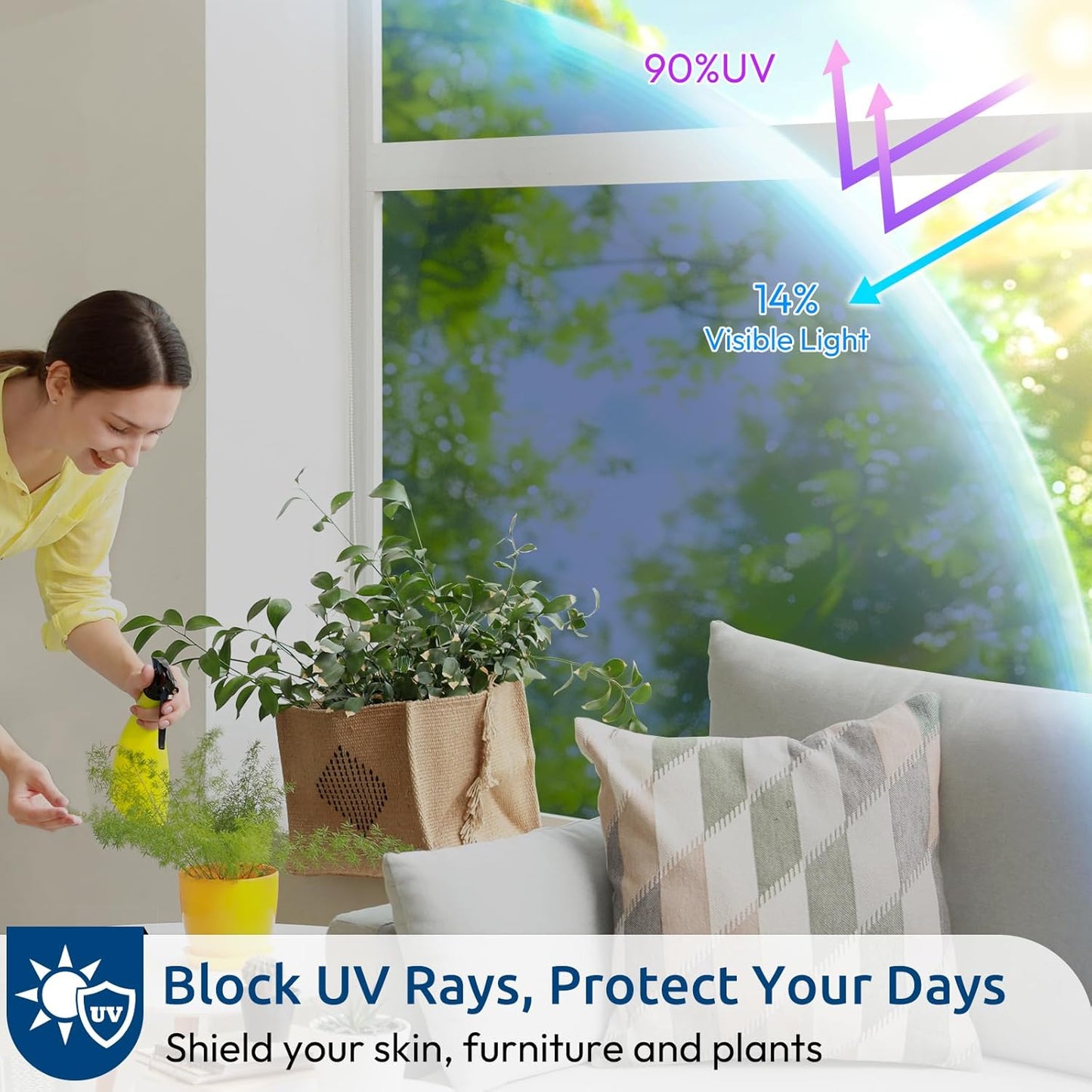 rabbitgoo Window Privacy Film One Way Window Tint for Home, Removable Reflective Heat Sun Blocking Anti UV Glass Door Covering, Mirror Tinting Film House Office, 35.4 in X 13.1 Feet, Blue Silver