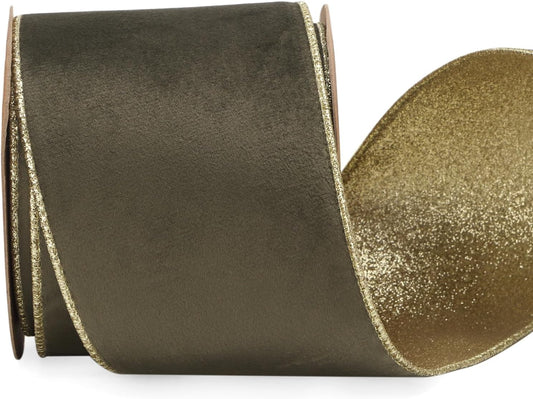 Ribbli Dark Moss Velvet Wired Ribbon 4 Inch Moss Green Velvet with Gold Glitter Christmas Ribbon for Christmas Tree Decoration Big Bow Gift Wrapping Crafts Wreaths Supplies- 10 Yards