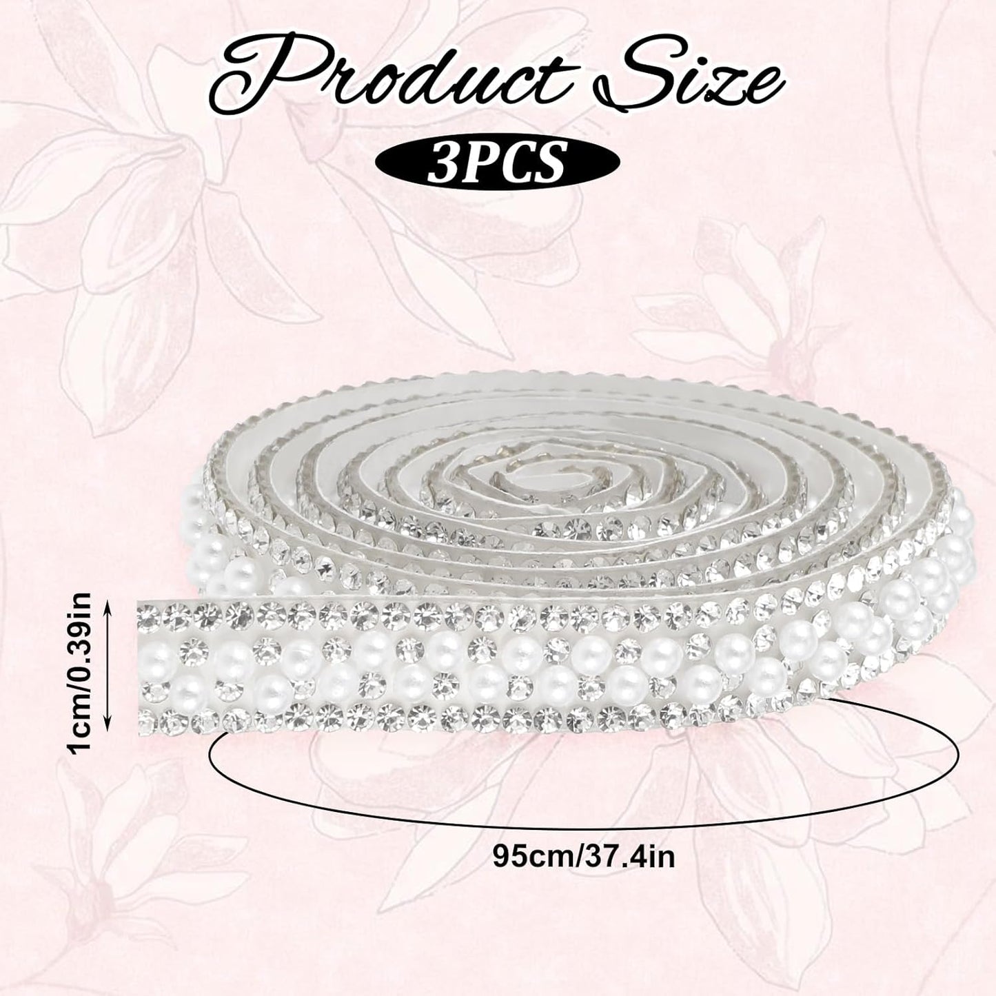 3 Rolls Pearl Rhinestone Ribbon Self Adhesive Pearl Crystal Strips Sticker Bling Pearls Strips Trims Diamond Pearls Tape for DIY Phone Clothing Crafts (3 Yard)