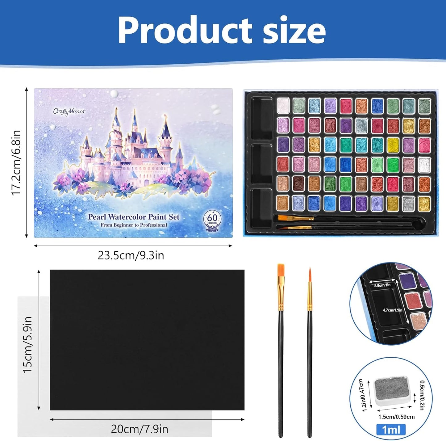 Mini Glitter Watercolor Paint Set with Paper, 60 Colors Shimmer Metallic Watercolour Painting Sets, Solid Pearl Water Color Paints for Adult, Kids, 1ml Trial Package(1ml 60 Colors)