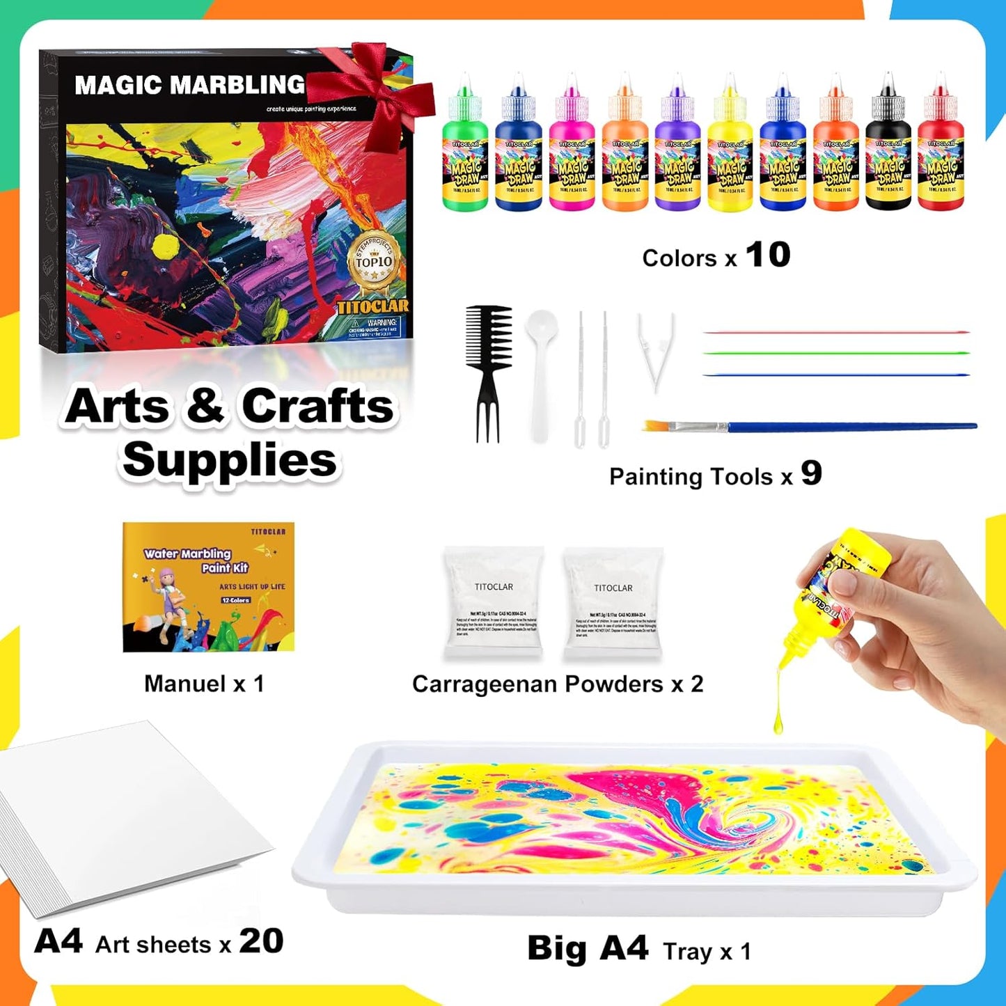 Water Marbling Paint Kit, Arts and Crafts For Kids,Birthday Gifts for Girls Boys 3+Years Old, Toys For Ages 8-13 5-7 3-6, Art Supplies for Kids