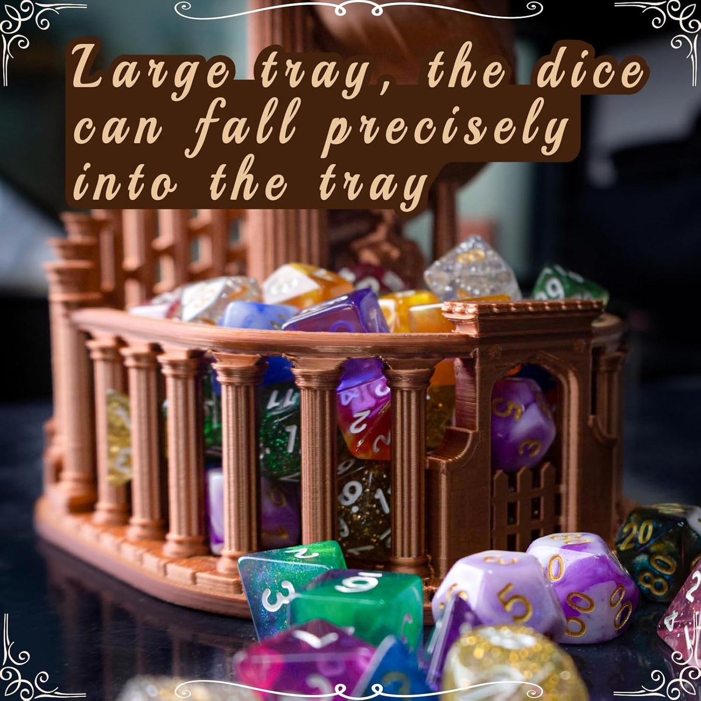 DND Dice Tower with Tray for Role Playing Game,Dungeons and Dragons,D&D,TRPG,7PCS Dice Included,Perfect Ancient Roman Castle Theme Dice Rolling Tower (Red Copper Color)