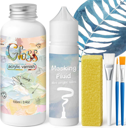 Art Masking Fluid for Watercolor Painting and Gloss Varnish for Acrylic Painting,Watercolor Masking Fluid Prevents Paint from Adhering to The Masking Area,Easily Removable, Leaving No Residue