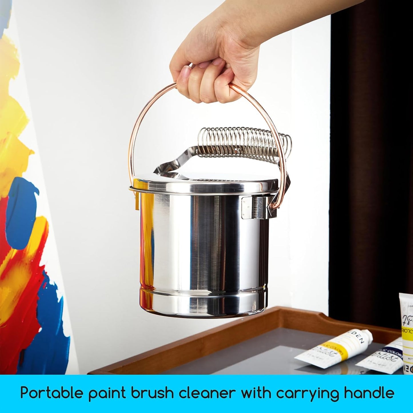 MEEDEN Portable Paint Brush Washer: Airtight Stainless Steel Artist Brush Cleaner with Extra Large Capacity - Paint Brush Holder for Oil & Acrylic Painting