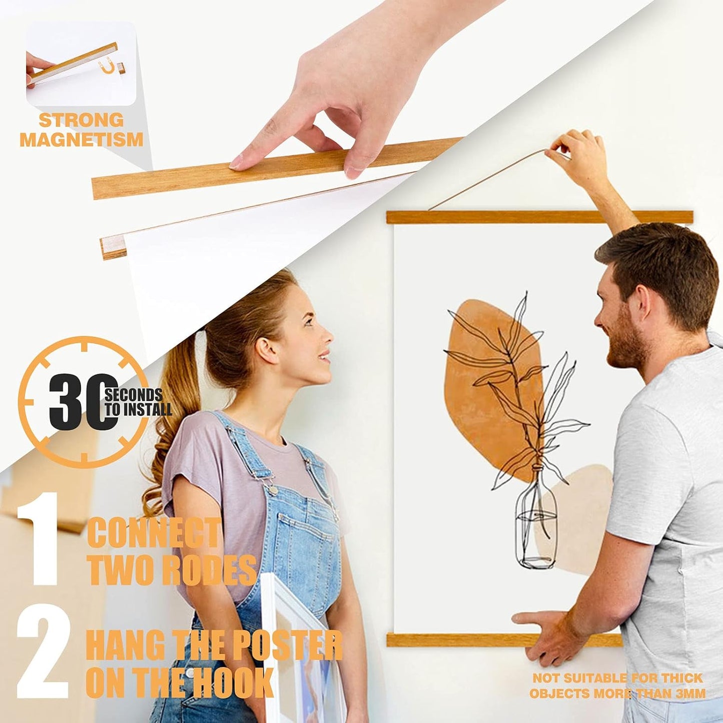 Ywlake Magnetic Poster Hanger, 34x22.5 34 x 22 34x24 Poster Frame Wood Wooden Magnet Print Posters Dowel Scroll Hanger Hangers Hanging Kit for Walls Map Canvas Artwork (Teak Wood, 34")