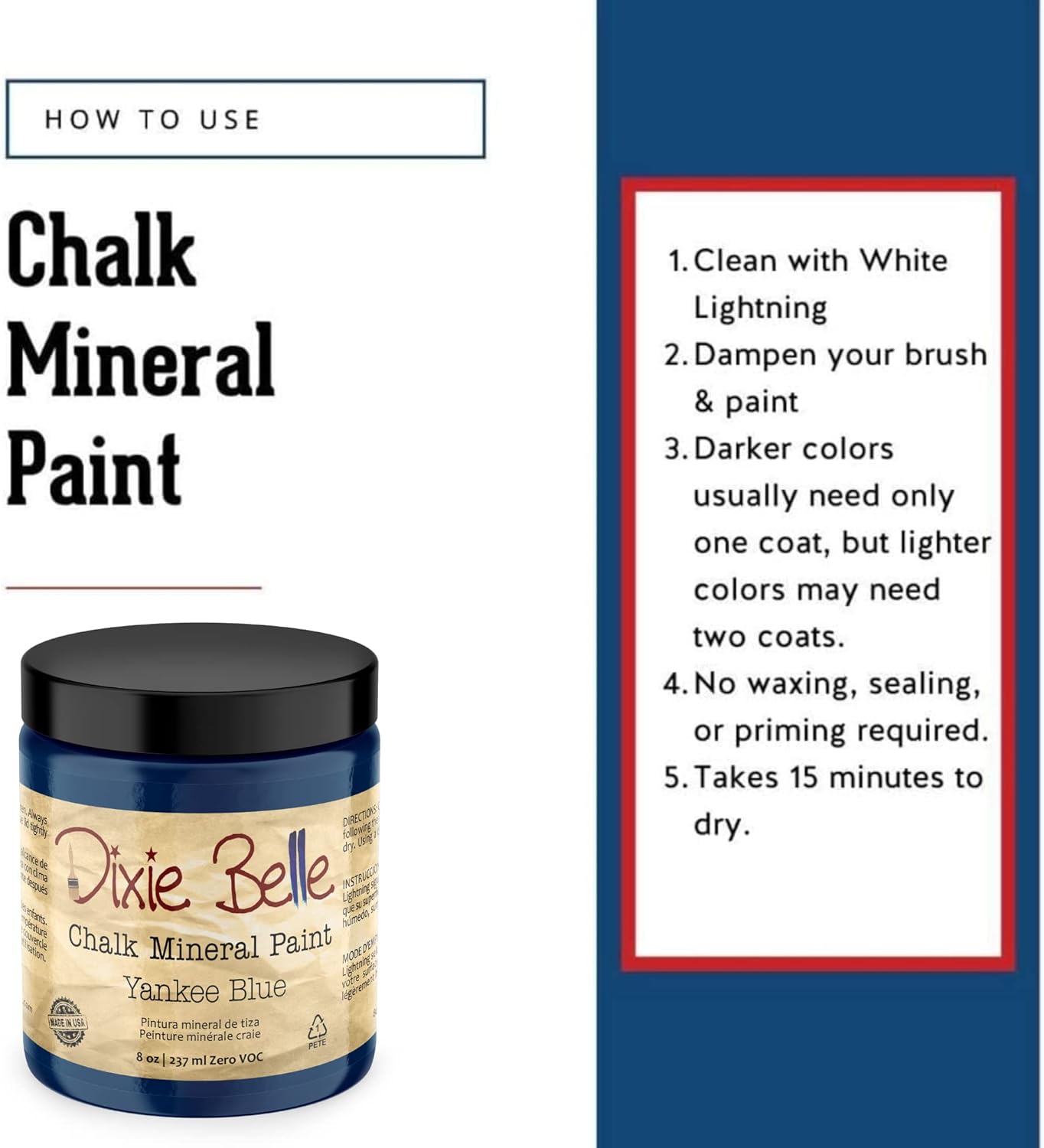 Dixie Belle Paint Company Chalk Finish Furniture Paint - Yankee Blue (8oz) - Matte Cool Navy Chic Chalk Mineral DIY Furniture Paint