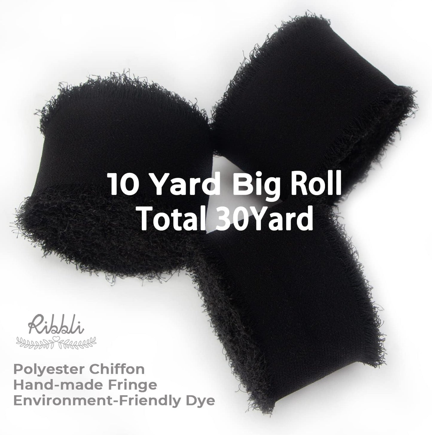 Ribbli Black Chiffon Ribbon - 1.5 inch x 30 Yard Handmade Silk, Fringe Chiffon for Wedding Invitations, Gift Wrapping, Bridal Bouquets, Flower Arrangement