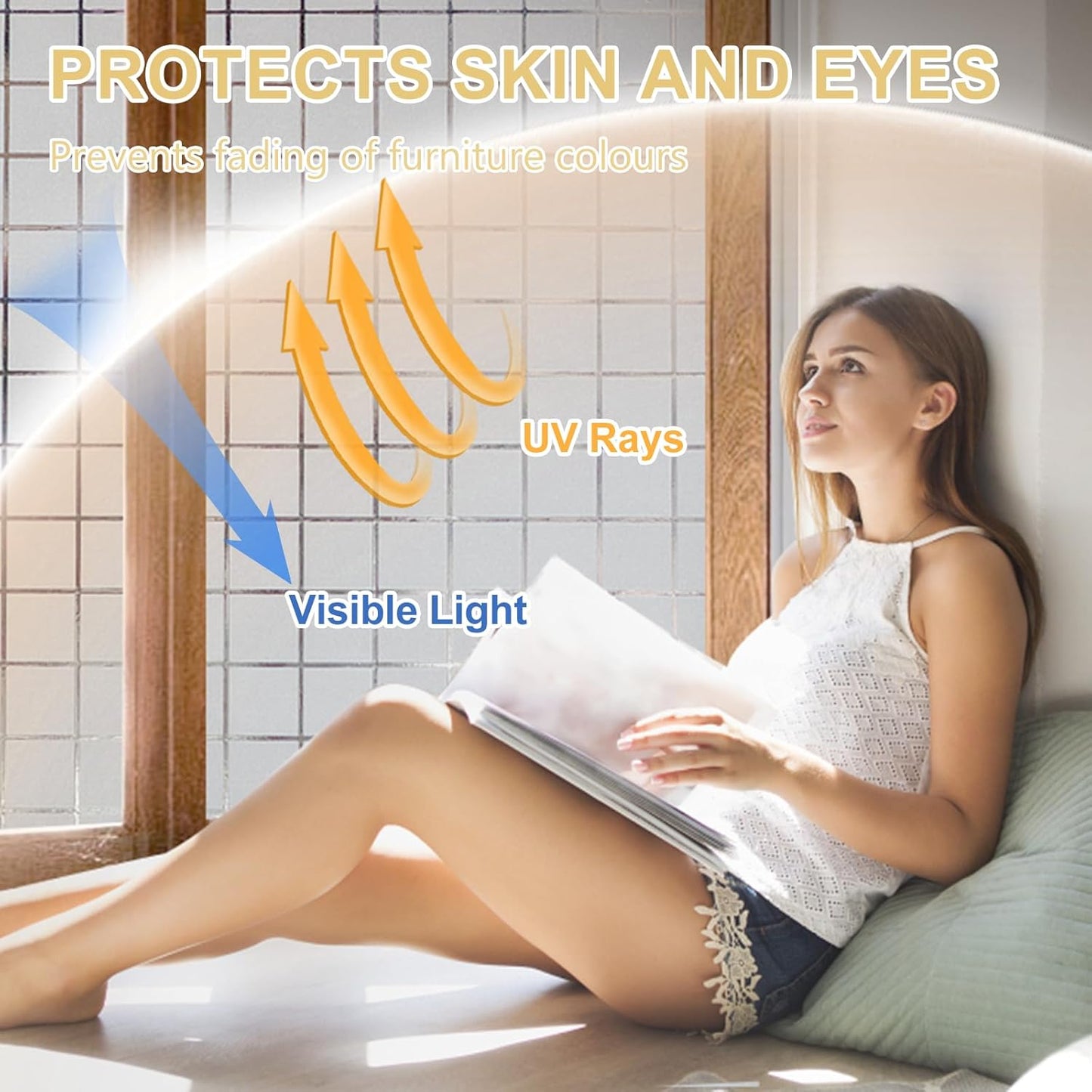 Window Privacy Film Decorative for Front Door, Bathroom Static Cling Stained Glass Sticker Opaque Heat Control UV Blocking Non-Adhesive for Home Windows,White Square