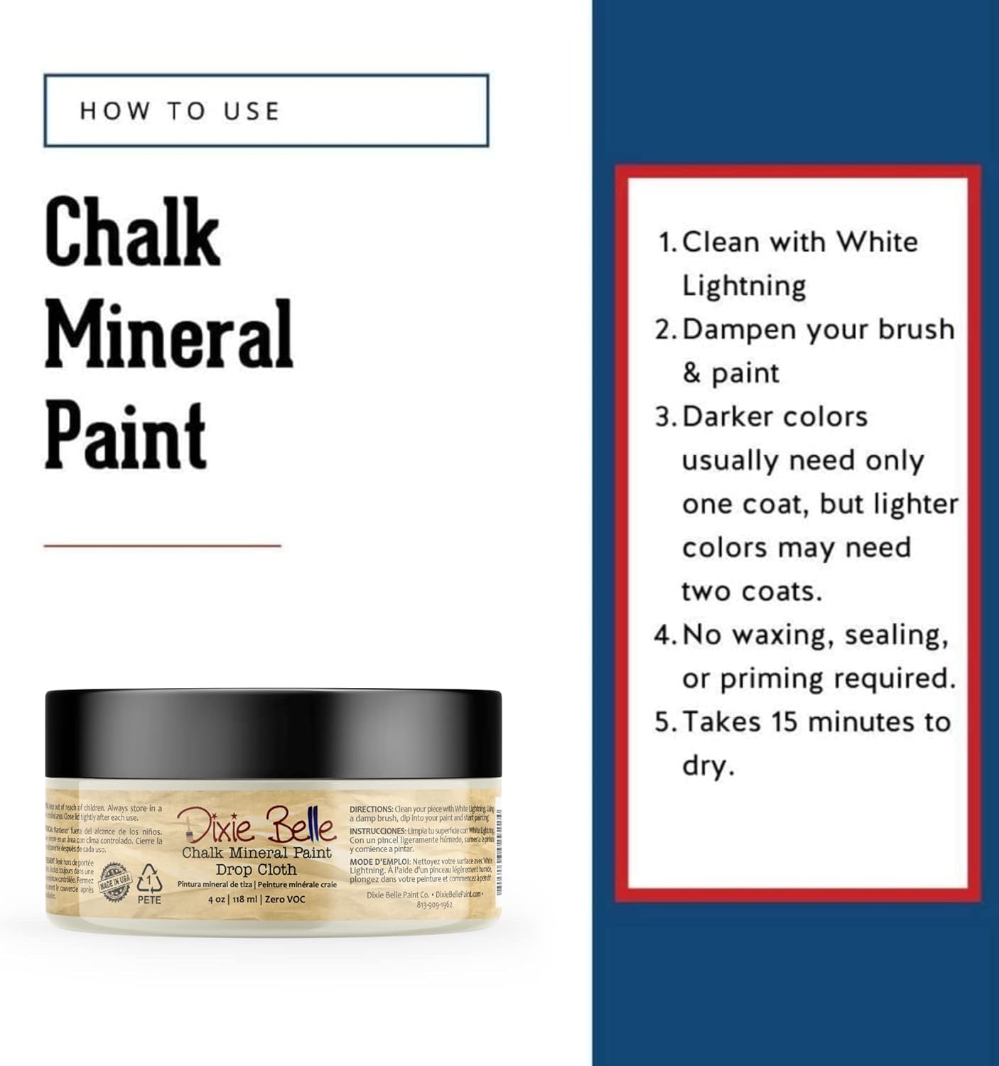 Dixie Belle Paint Company Chalk Finish Furniture Paint - Drop Cloth (4oz) - Matte Linen White Chic Chalk Mineral DIY Furniture Paint