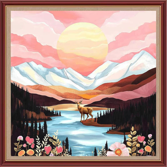 DMCXART Counted Cross Stitch Kits for Adults Needlepoint Kits Unprinted Cross Stitching Embroidery Kit 11CT Cross Stitch Supplies-Mountains, Rivers, Sunrise, Elk 18x18 inch