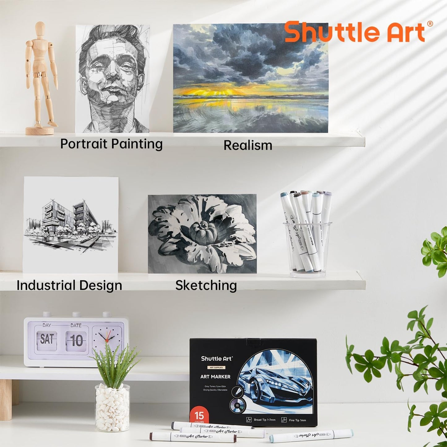 Shuttle Art 15 Colors Grey Tones Dual Tip Art Marker, Alcohol Based Marker Pens Double Ended with Fine and Chisel Point Tips Perfect for Drawing,Shading,Sketching,Designing,Outlining,Illustrating