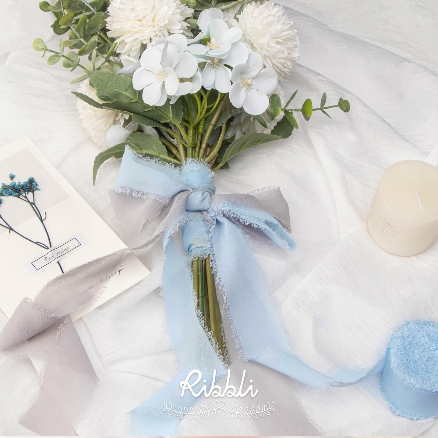 Ribbli Baby Blue Chiffon Ribbon 1-1/2 inch x 20 Yard Handmade Fringe Chiffon Silk Ribbon, Light Blue Ribbon for Wedding Invitations, Bridal Bouquets Wrapping, Flower Arrangement Decoration