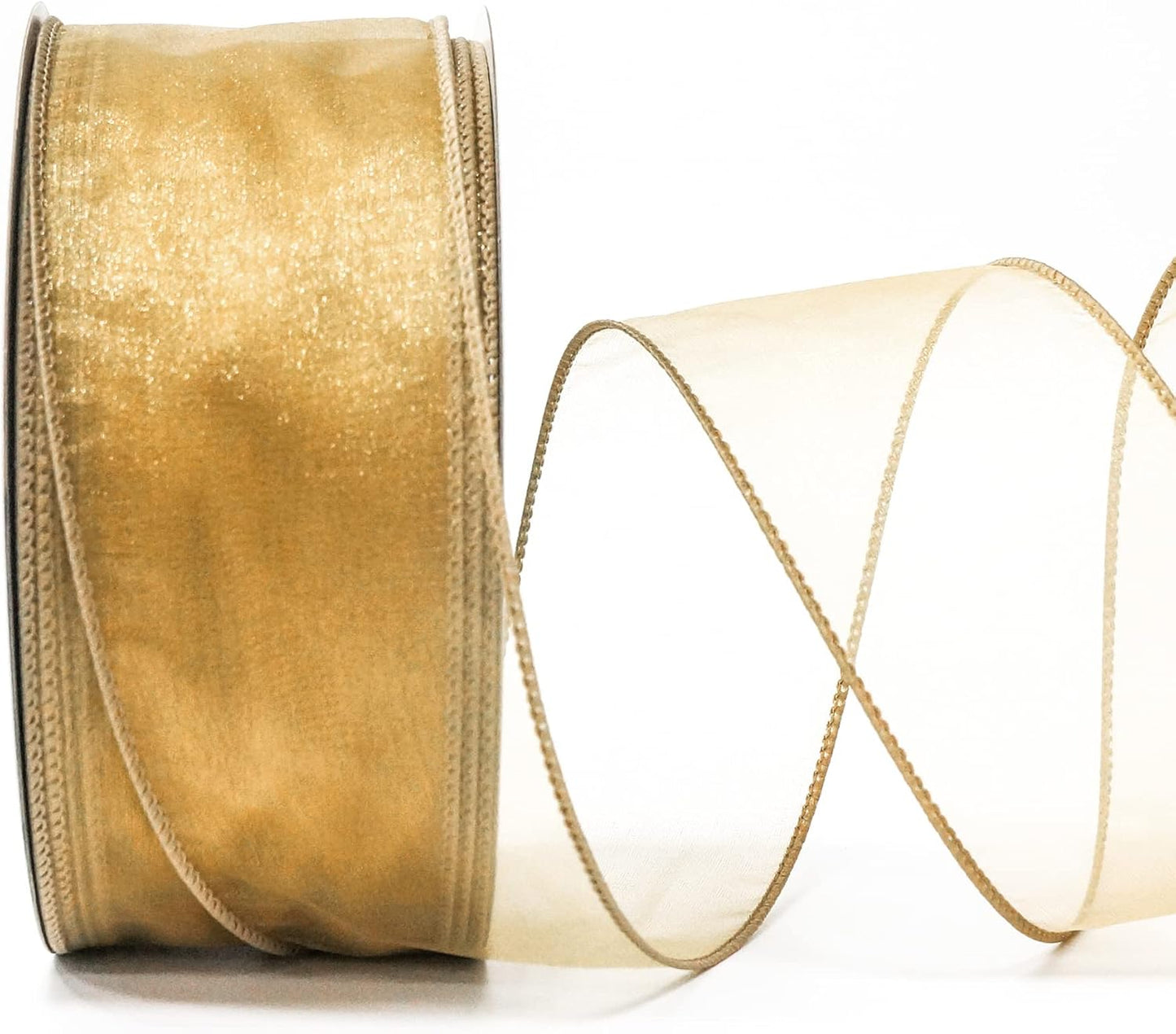 CT CRAFT LLC Sheer Organza Wired Ribbon 2.5" x 50Yards Tan (Gold) for Wedding Chair Bow Flora Bouquet Gift Wrapping Christmas Tree Home Decor Wreath