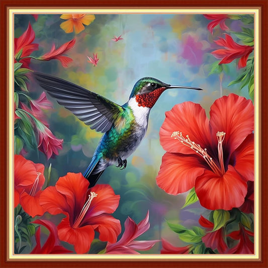 Joyhoor Stamped Cross Stitch Kits for Beginners, Needlepoint Kits for Adults, 11CT Counted Embroidery Kits-Hummingbirds Gather Honey 18x18 inchs