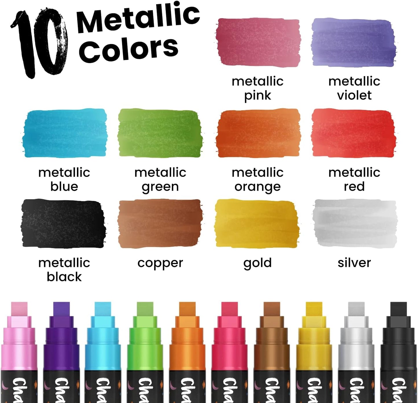 10mm Metallic Chalk Markers (10 Pack) Liquid Chalk Pens - For Blackboards, Chalkboard, Bistro Menu, Window - Wet Wipe Erasable Car Window Markers - 10mm 3-in-1 Wide Nib