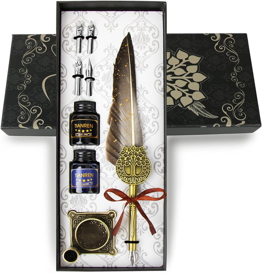 Feather Pen and Ink Set,quill pen ink set,Antique Calligraphy Pen with 4 Replaceable Nibs,2 Bottle of ink,Pen Holder Christmas Gift for Men&Women.(Gray)