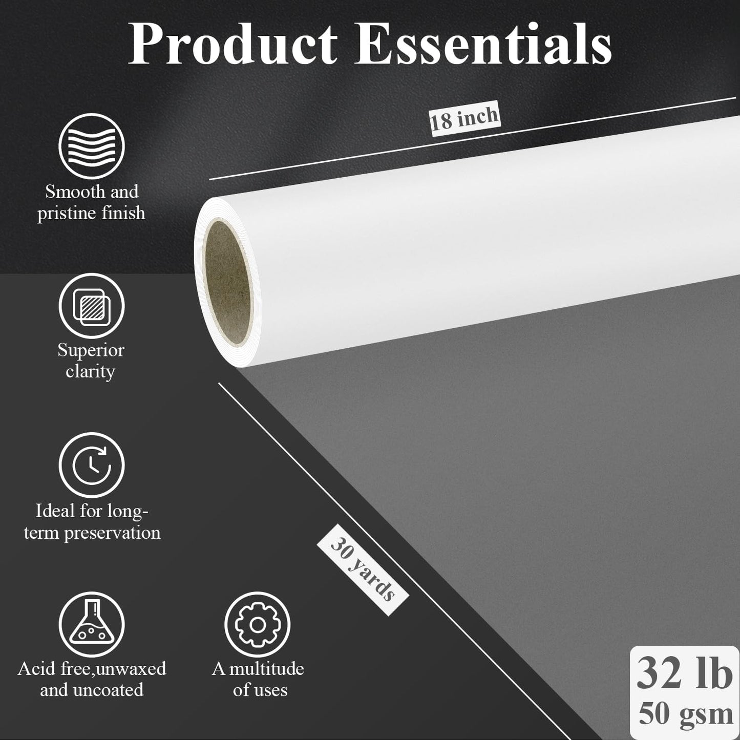 SuFly Tracing Paper Roll 18 Inch Wide x 30 Yards - Smooth Transparent 30lb/50gsm Trace Paper Roll for Drawing, Sketching, Sewing Patterns & Technical Drafts.