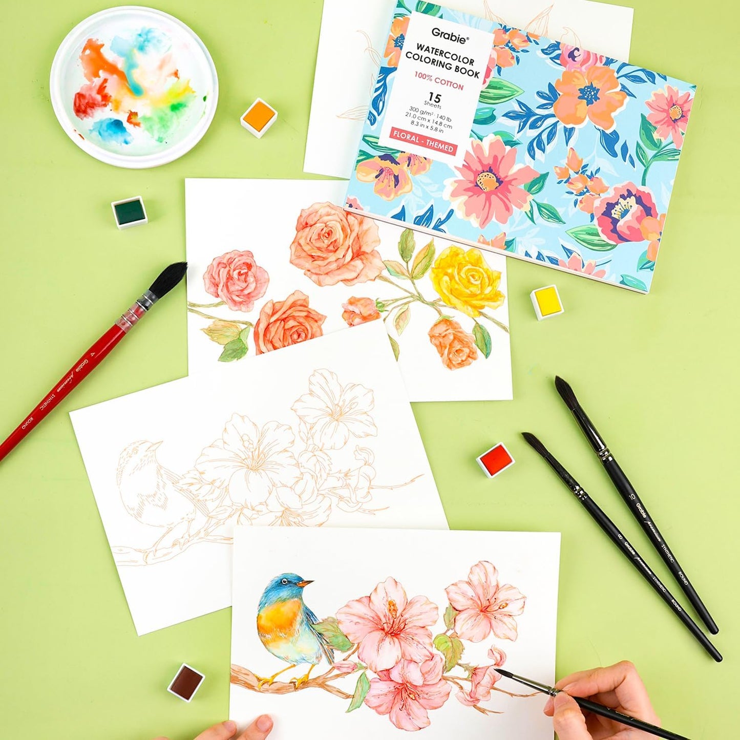 Grabie Watercolor Coloring Book, 15 Sheets Art Pad A5 (8.3 x 5.8), Cotton Watercolor Book for Adults(Floral)