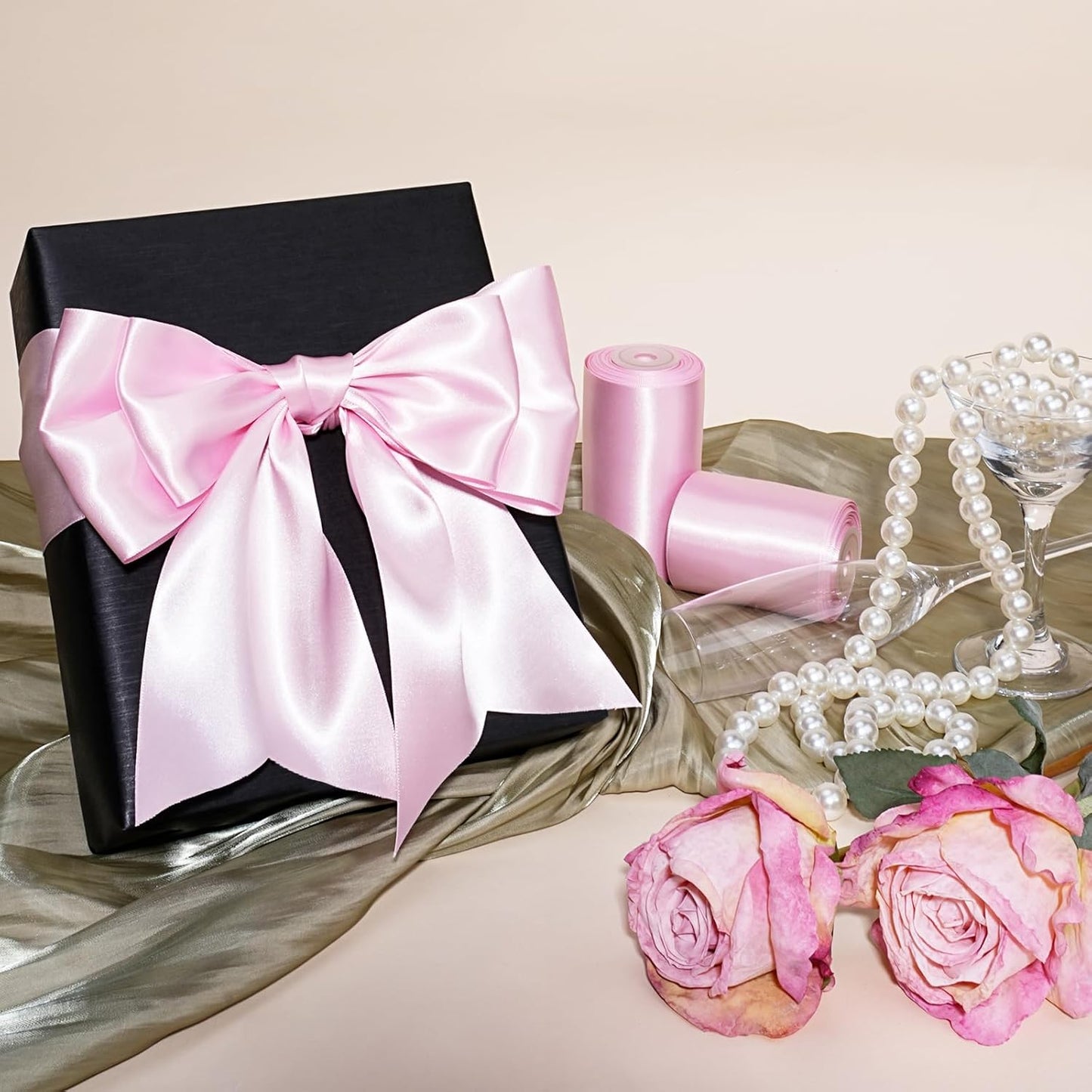 LaRibbons Light Pink Satin Ribbon 4 Inch 10 Yards Double Faced Luxury Light Pink Silk Ribbon for Gift Wrapping Flower Bouquets Bow Christmas Wedding Party Decoration