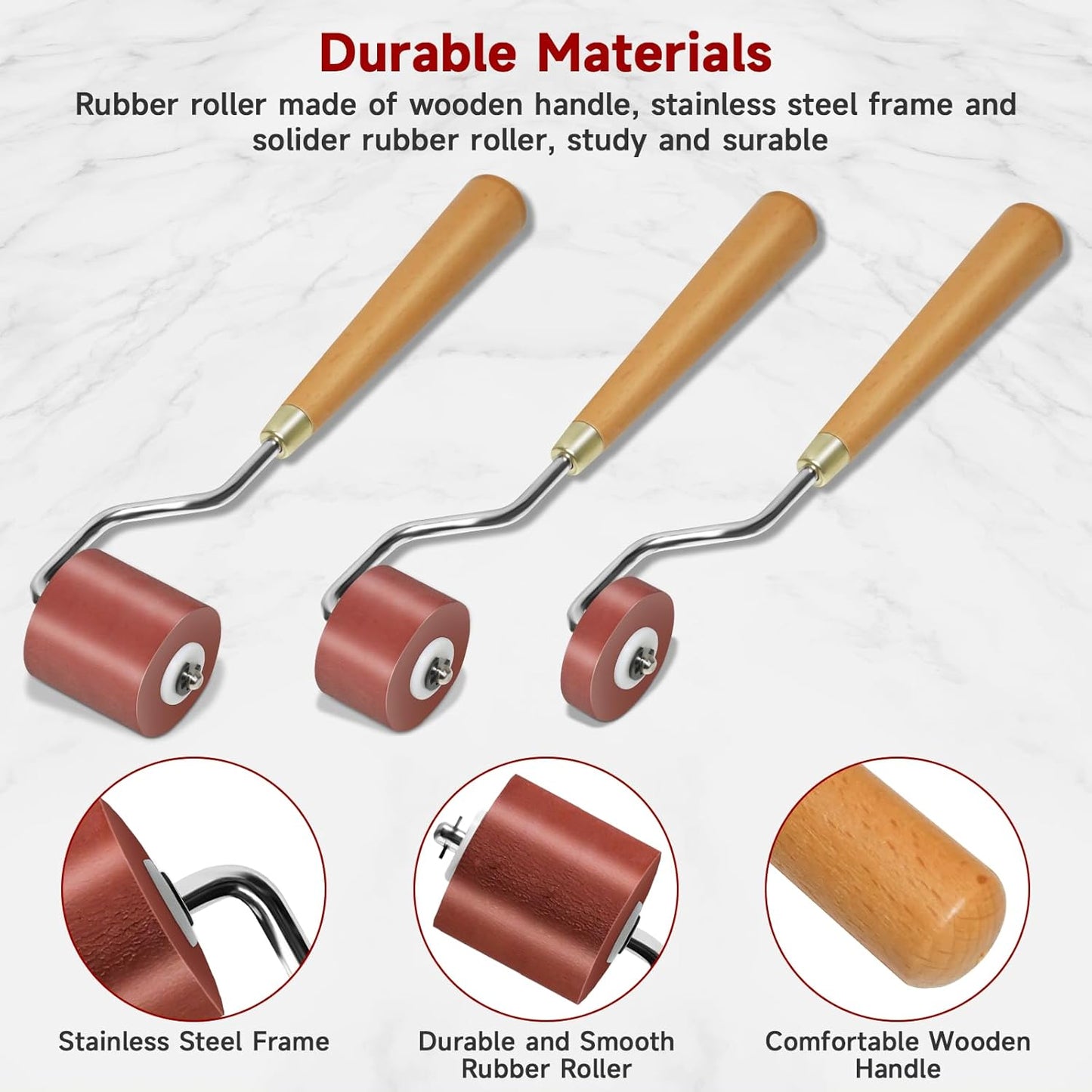 3pcs Rubber Rollers Brayer - Brayer Rollers for Crafting, Ink Roller Set with Comfort Grip for Printmaking, Crafts, and Stamping