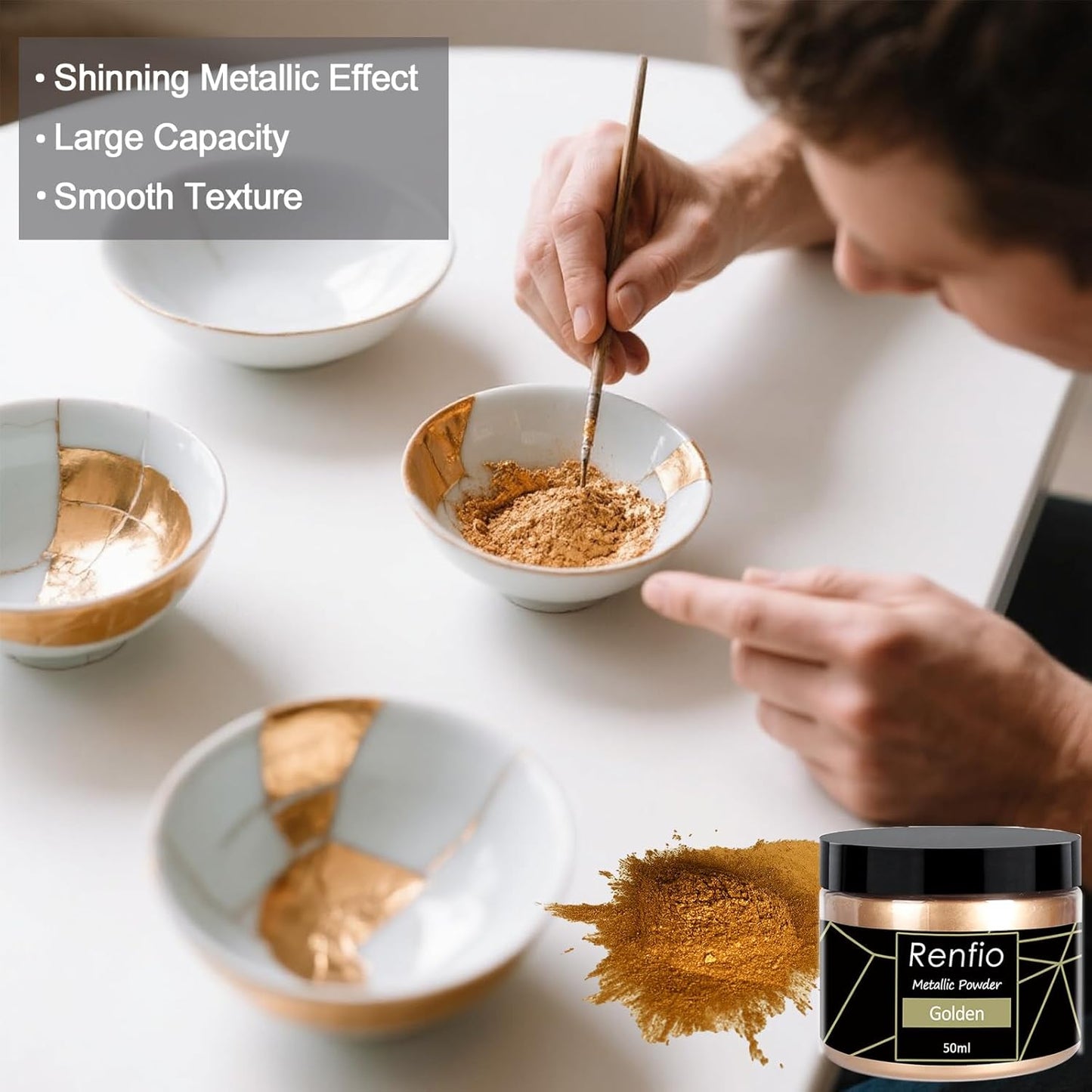 Renfio Metallic Pigment Powder,Gold Mica Powder for Resin,50ml Golden Resin Color Pigment for Kintsugi,Polymer Clay,Crafts,Slime,Candle,Nail,Paint,Fabric,Festival,Decoration