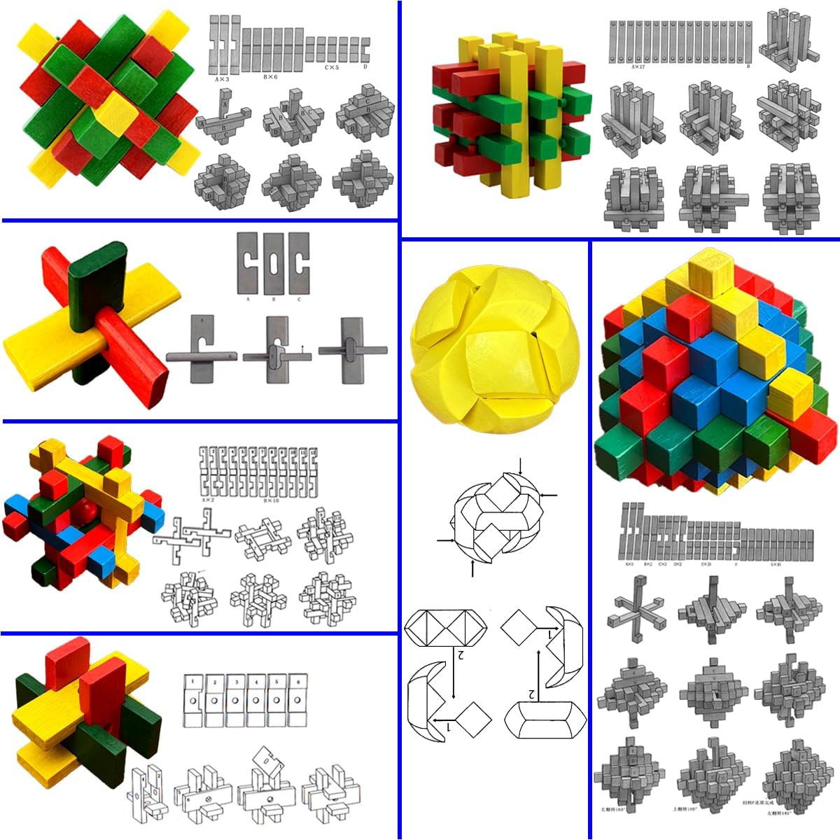 18 Pack Wooden Brain Teaser Puzzles Wooden Burr Puzzles Brain Teaser Puzzle with Gift Packing Box Magic Puzzle Games Toys for Kids and Adults by AHYUAN (Colorful Wood)