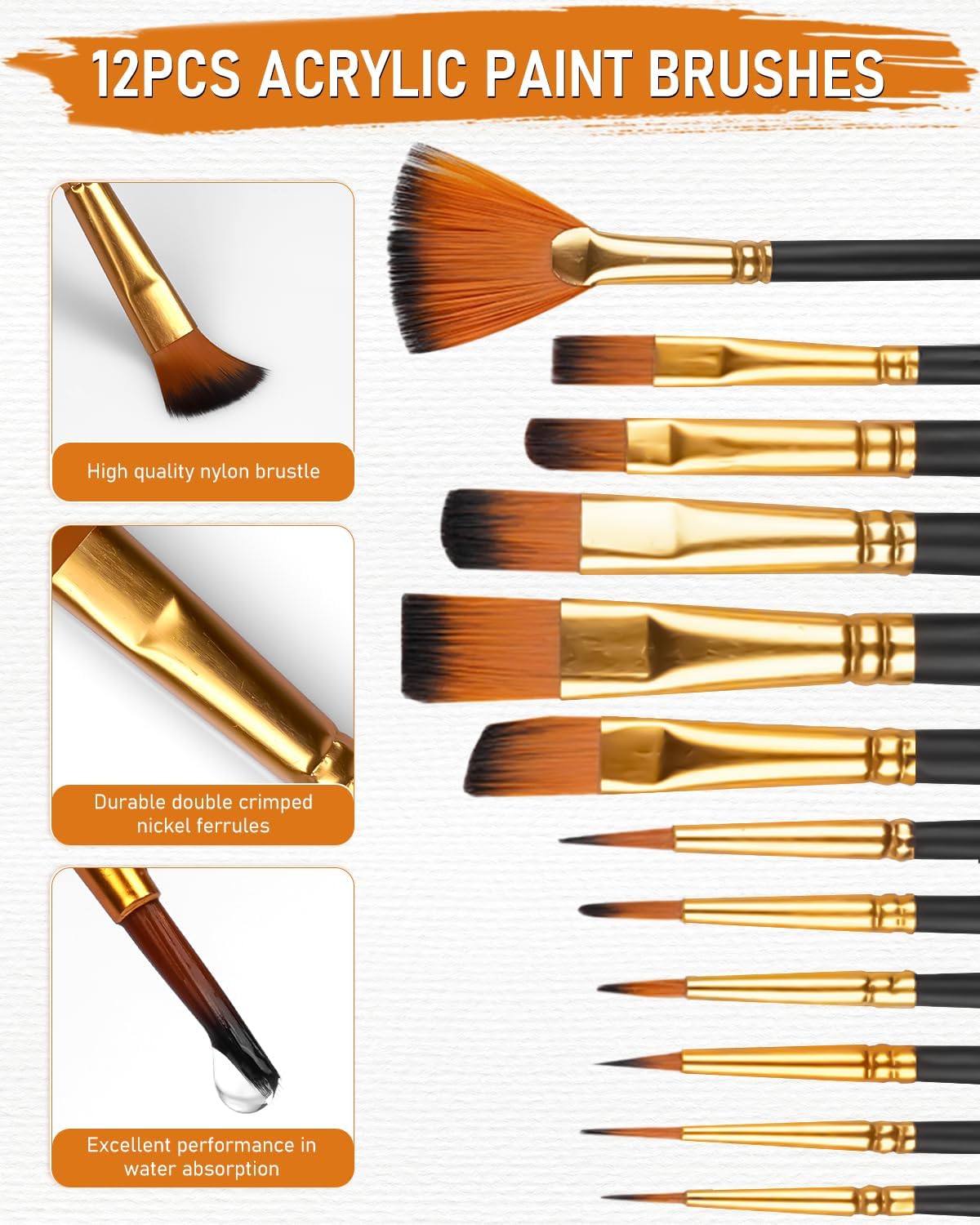 Nicpro Acrylic Paint Set, 24 Colors with 12 Brushes & Palette, Non Toxic Art Supplies Kit for Painting Fabric, Canvas, Clay, Wood, Rock & Ceramic, Halloween Pumpkin, Rich Pigments for Beginners, Students & Professional Artists (2 oz, 60 ml)