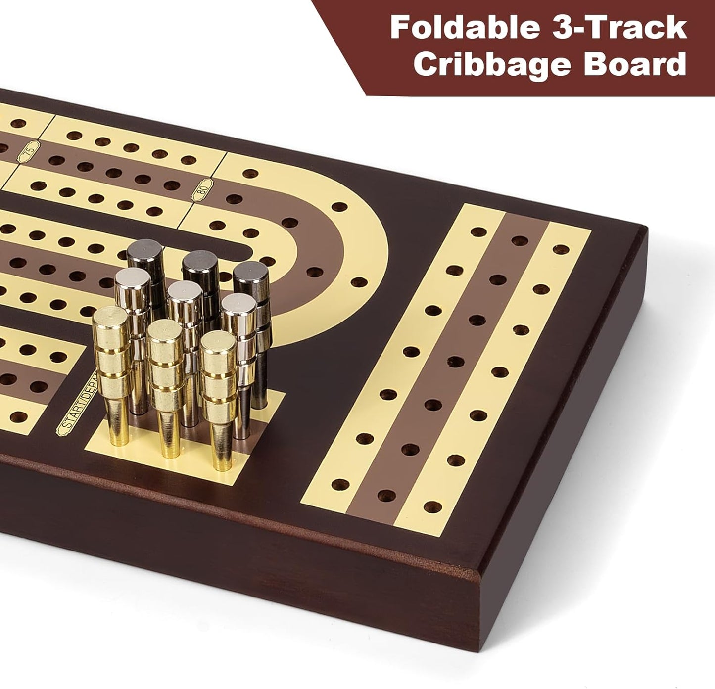 Foldable Wooden Cribbage Board Set - Elegant 3-Track Design with Magnetic Closure, 9 Metal Pegs, Full Deck of Cards, Perfect for Family Game Nights and Travel