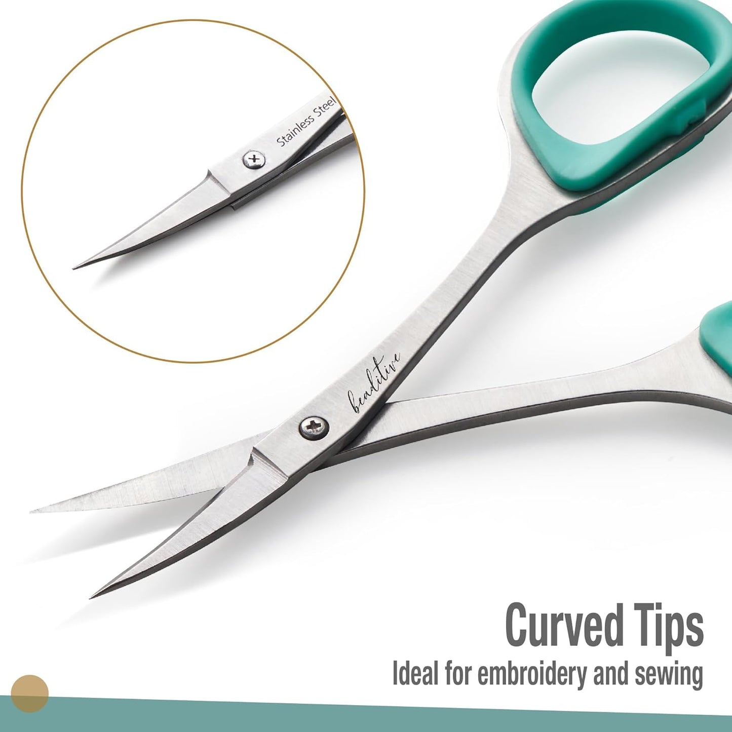 Beaditive Sewing and Embroidery Scissors Set (2 Pc.) Curved and Straight, Sharp, Stainless-Steel Design | Precision Tips, Ergonomic Rubber Handle Grip | Small, Compact DIY Use (1 Curved, 1 Straight)