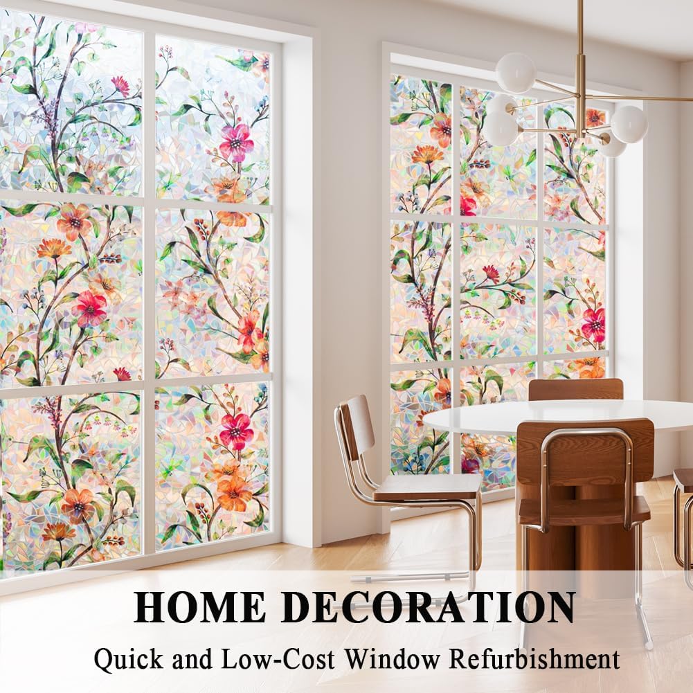 Stained Glass Window Film Static Cling Door Privacy Film Decorative Flowers Green Leaves Window Decals Stickers Heat Control Anti UV for Home and Office,17.5 inches by 157 inches