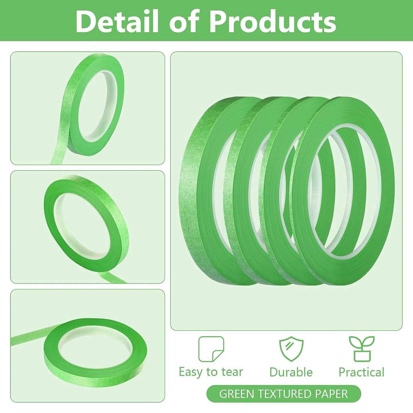 Epakh 4 Rolls Pinstripe Tape, Masking Tape in 1/16, 1/8, 1/4 and 1/2 Inch Wide, for Painters Automotive DIY Car Auto Paint Art(Green,52 yd)