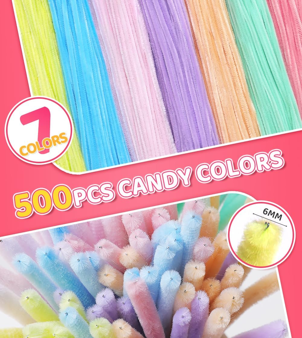 IOOLEEM Pipe Cleaners,500pcs in 7 Colors, Pastel Pipe Cleaners, Macaron Candy Colors, Chenille Stems for Art and Craft Projects,Flower DIY Decorations