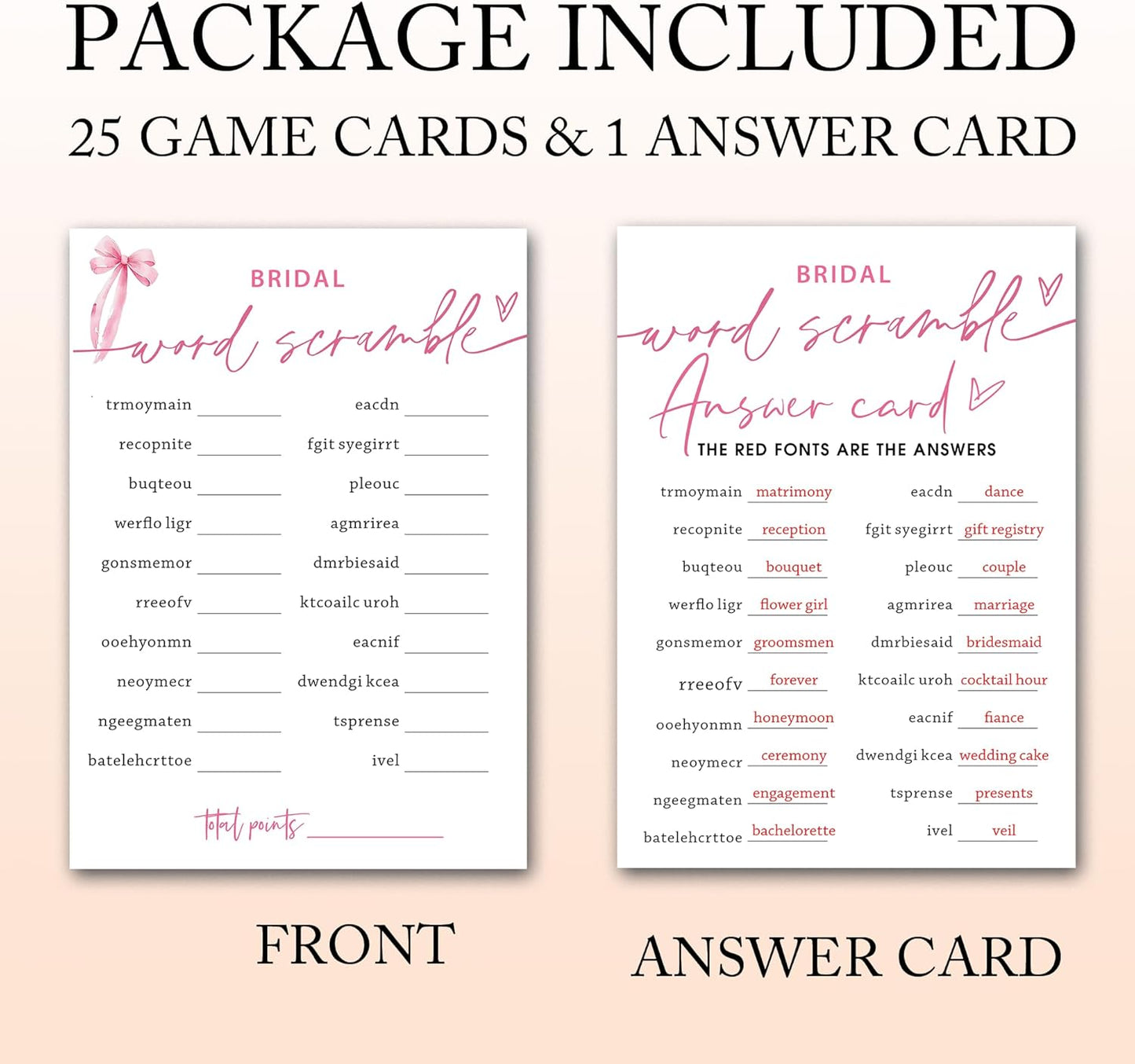 Bridal Shower Games Cards, Bridal Word Scramble, 25 Cards with 1 Answer Card, Engagement Party Games for Guests, Pink Ribbon Bow Wedding Party Supplies - E14
