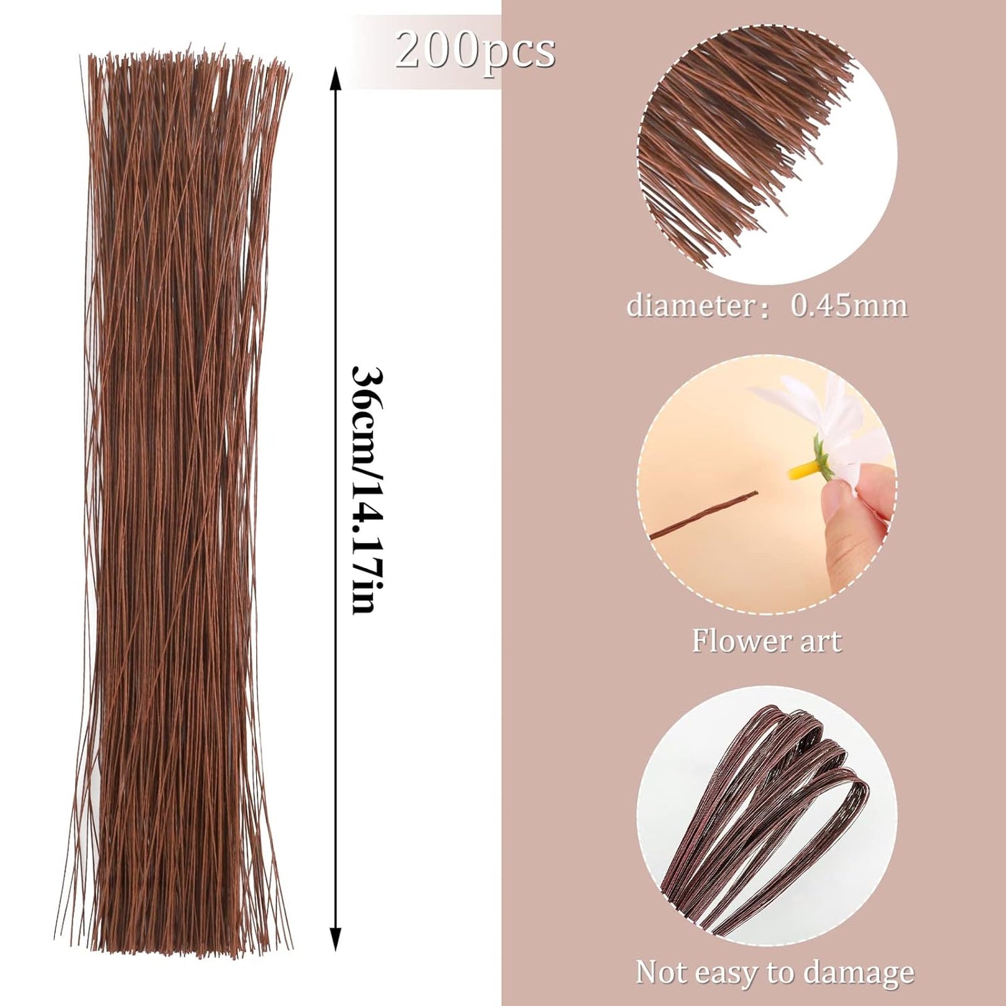 200 Pcs Floral Wire 26 Gauge Crafts Wire Florist Flower Wire Stems Brown Floral Wire for Crafts Bouquet Stem Wreath Making Flower Arrangement Supplies (Brown,14 Inch)