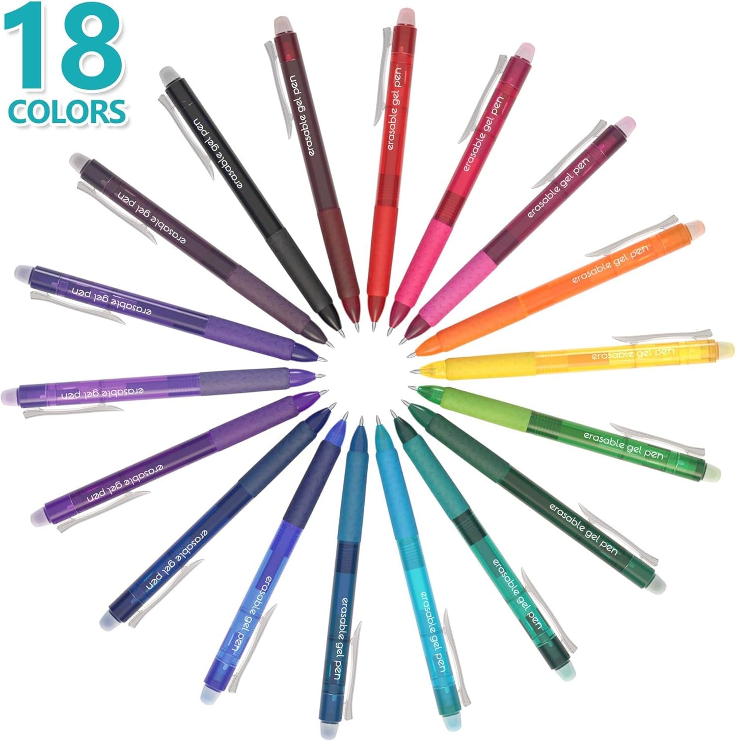 Erasable Gel Pens, 18 Colors Retractable Fine Point Erasable Pens Clicker, Assorted Color Inks, Make Mistakes Disappear for Drawing Writing Planner and Crossword Puzzles