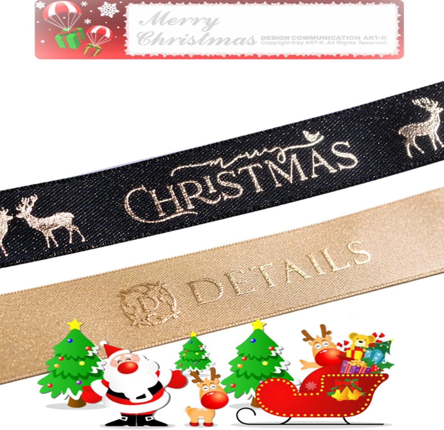 Christmas Gift Wrapping Ribbon, Red, Green, 2 Rolls Printed Grosgrain Ribbons for Crafts, Floral Bouquets, Sewing, Party and Festive Holiday Decor (2 Rolls(Black/Gold), 1 Rolls=5/8in * 5Yards)