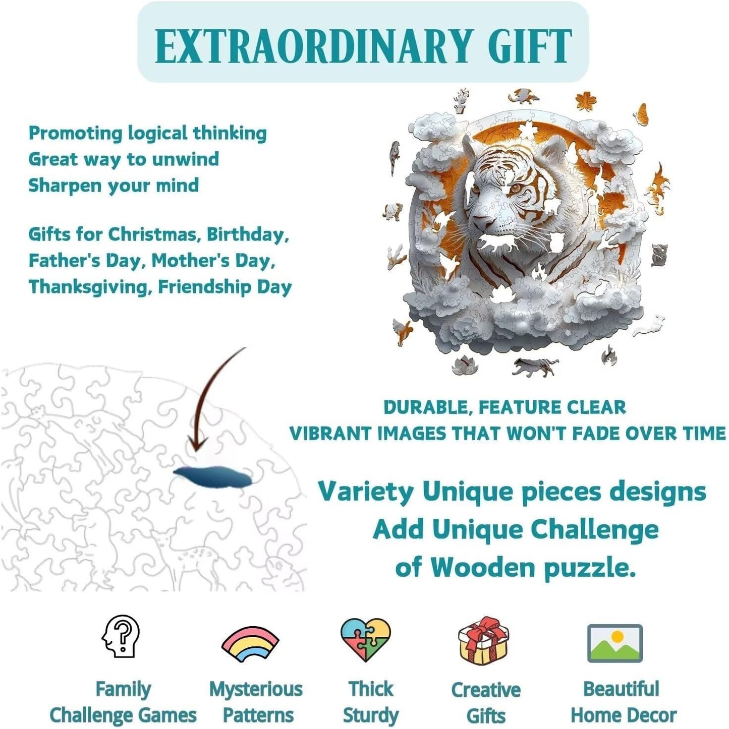 Wooden Puzzles Adults, 3D Paper Tiger Wooden Puzzles 100 Pieces, Unique Animal Shaped Wood Challenging Jigsaw Puzzles Gifts for Adults, 8.5x8.5in