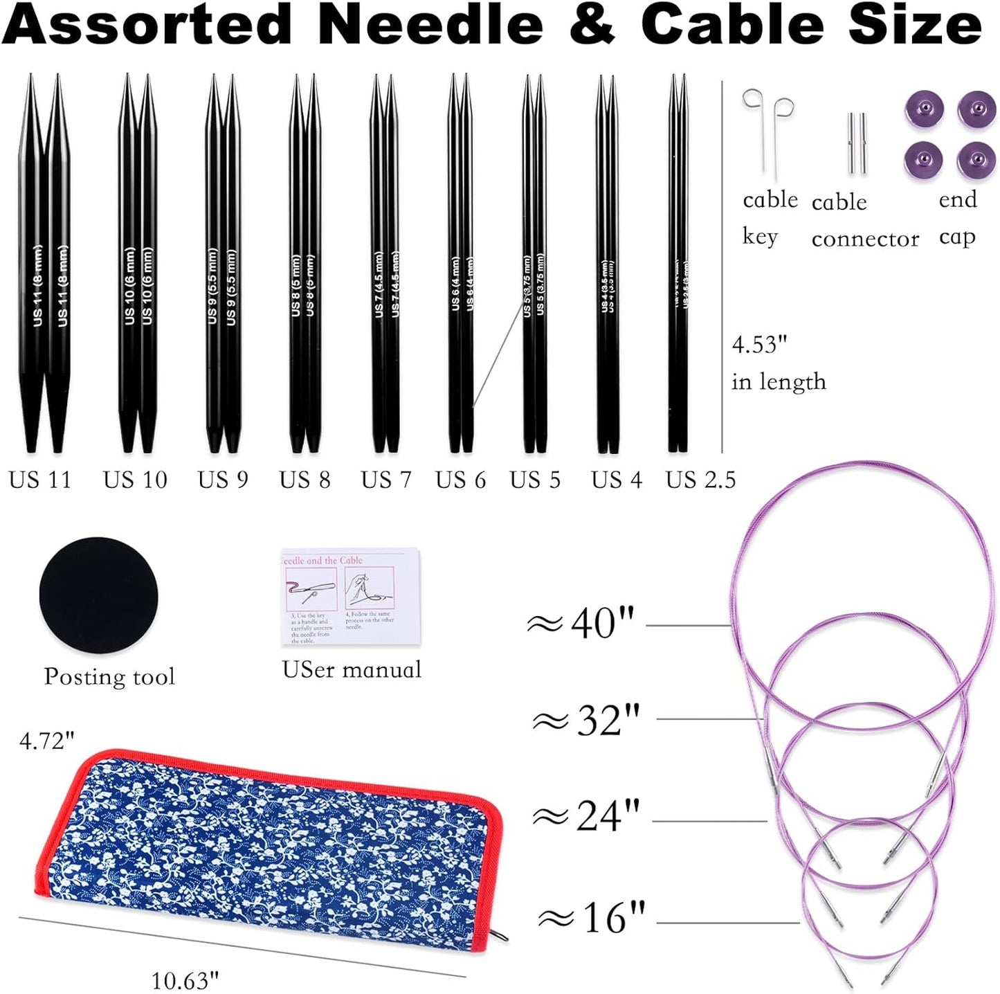 Svartur Interchangeable Circular Knitting Needles Set, with Assorted Circular Knitting Needles and Cables, Accessories and Case, 9 Pairs