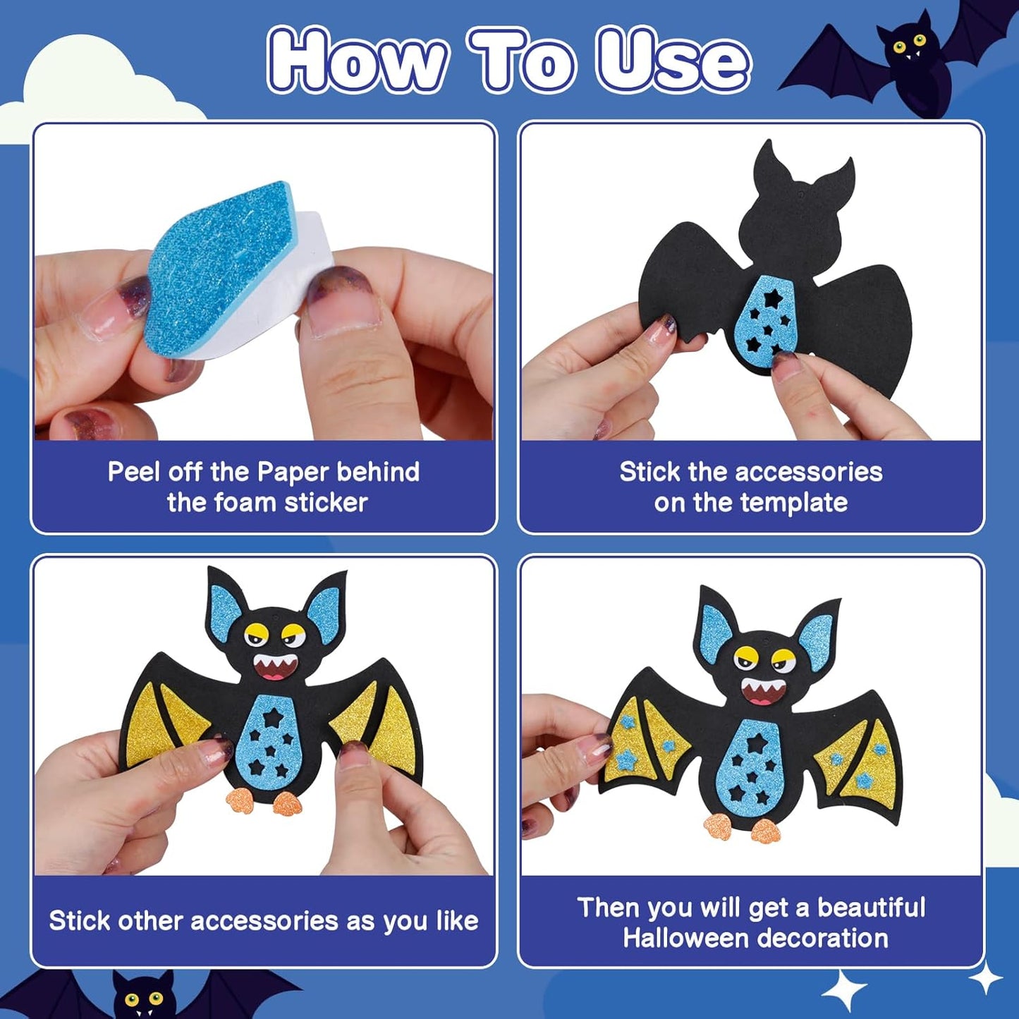 Fennoral 12 Pack Bat Crafts for Kids Bat Crafts Kits Make You Own Bat Foam Stickers Ornament DIY Arts and Crafts for Kids Girls Boys Halloween Party Supplies Halloween Decoration