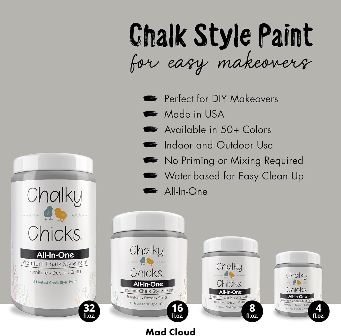 Chalky Chicks All-in-One Chalk Paint for Furniture or Cabinet - 4 Fl Oz - Matte Finish Mad Cloud (Light Gray) for Metal, Wood Furniture Paint - No Sanding All-in-One for Home Decor & Crafts, USA Made