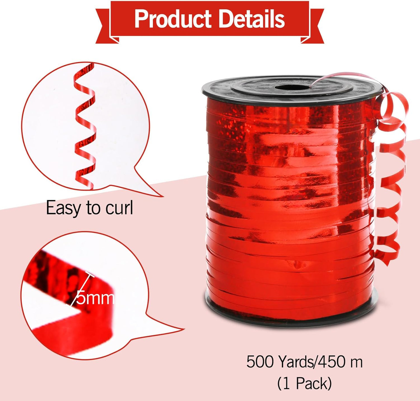500 Yard Red Curling Ribbon, 3/16" Christmas Shiny Curly Ribbons for Crafts Gift Wrapping Supplies, Balloon String Ribbon, Gift Ribbons for Valentine's Day Birthday Wedding Party Decorations