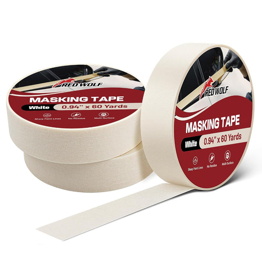 RED WOLF 0.94" x 60 Yards Masking Tape 3 Pack, General Purpose for Painting Arts Crafts Label Car Painting, Sharp Paint Line No Residue Painters Tape White Beige Crepe Paper Tape Heat Resistance