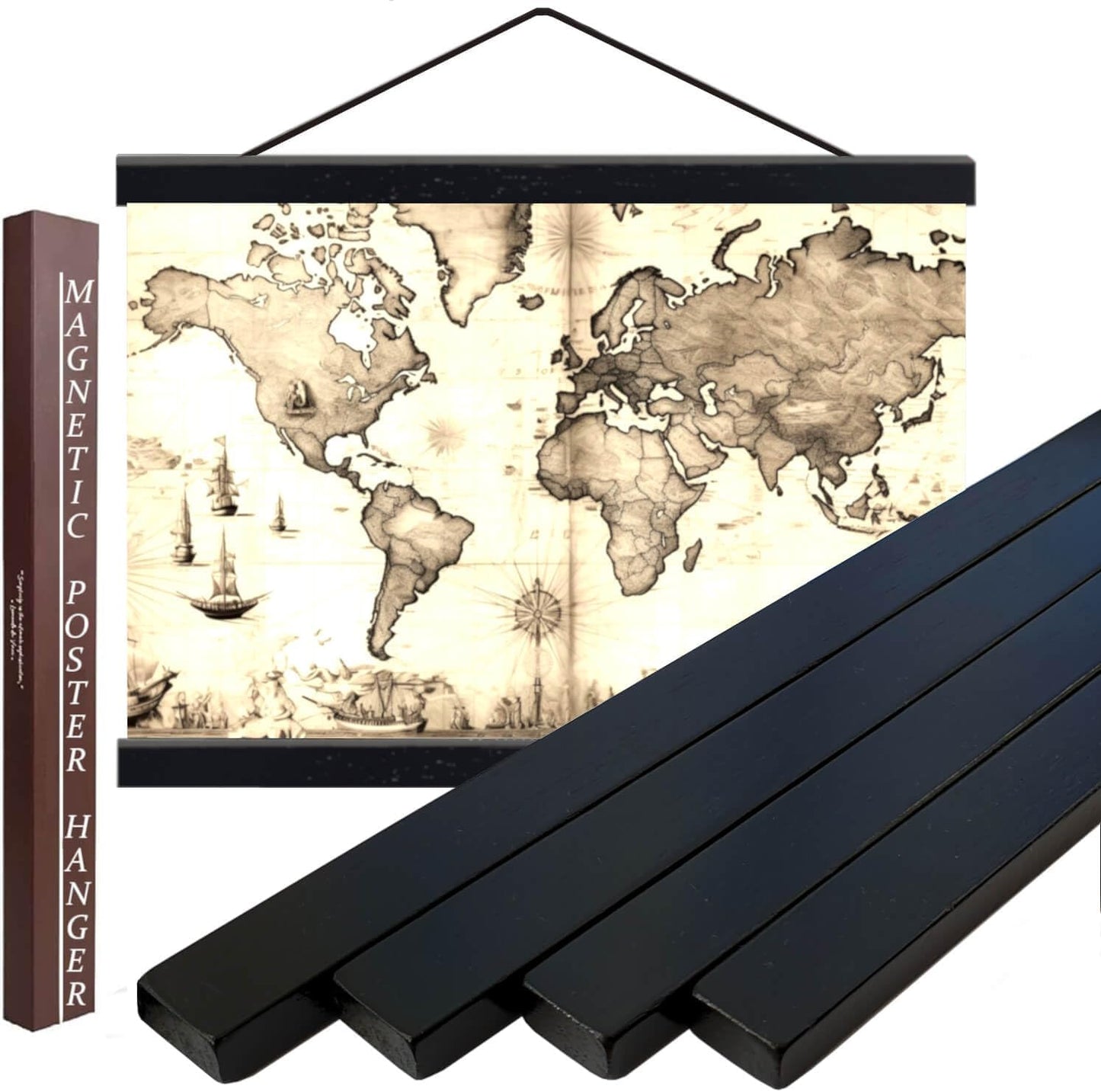 DACRI HOME 28" Wide Teak Magnetic Poster Hanger, 28x22 28x36 28x40 Wood Poster Frame for Picture Canvas Print Map Scroll Wall Art Hanging, (28 Inch, Black)
