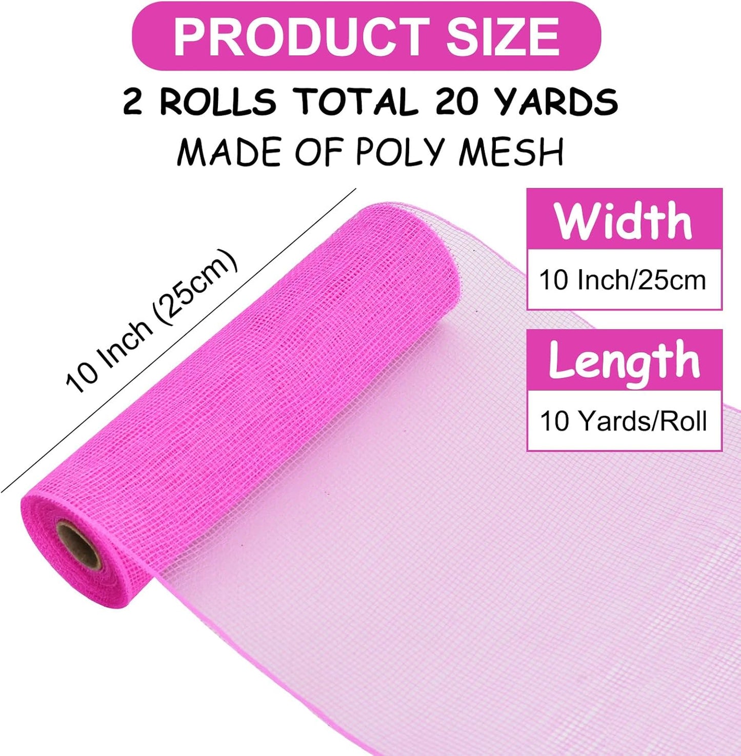 TONIFUL 2 Rolls 10 Inch Hot Pink Decorative Mesh Ribbbon Rolls for Mesh Wreath Supplies, Front Door Wreath Crafts Tree Decor Christmas Valentine's Day Decoration (10 yds/roll)