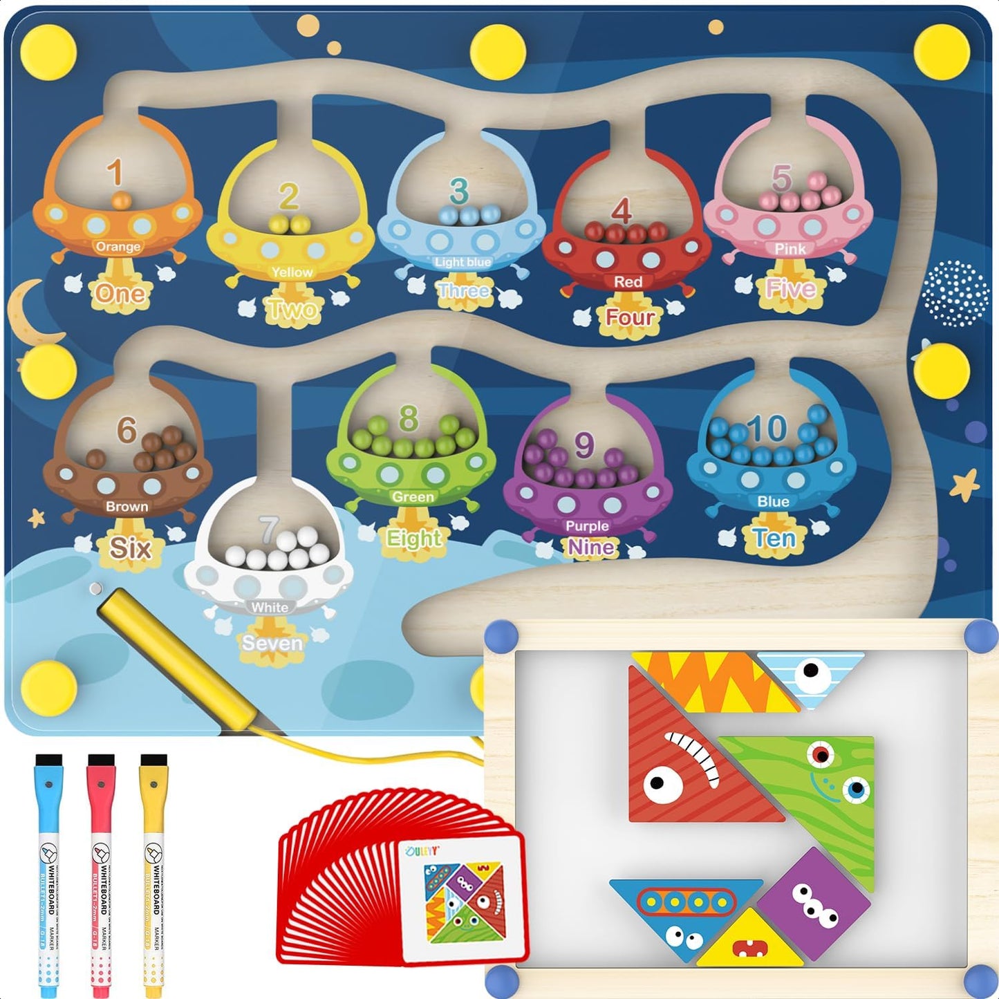 Magnetic Color & Number Maze Toy - Interactive Montessori Learning Board with Whiteboard, 3 Watercolor Pens, and Monster Puzzle for Kids Ages 3+