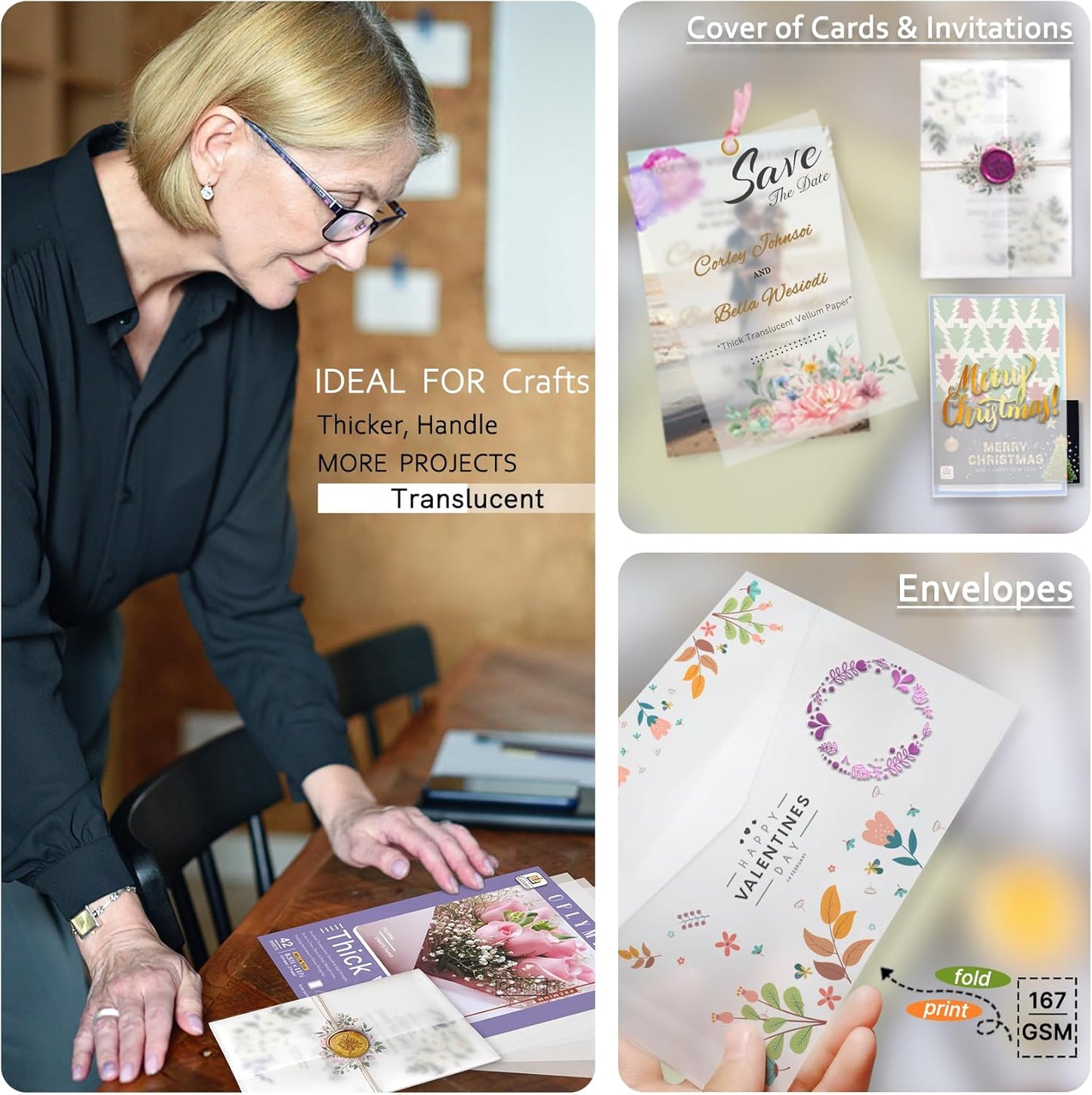 Thick Translucent Vellum Paper, Oplymio 42 Sheets 167GSM Printable Vellum Paper for Invitations, Envelopes, Heat Embossing, Belly Bands(8.5 x 11 Inches)